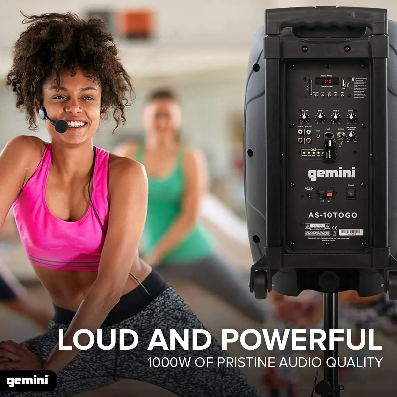 Gemini 10” 1000W Wireless Battery-Powered Bluetooth Speaker with Trolley Handle, Mic/Guitar Inputs & Echo – Mobile Sound System for Gigs, Classes & Street Performers