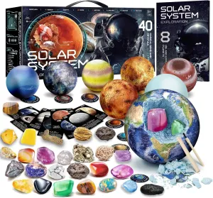 Gemstone Dig Kit - Dig It Up 40 Real Gems & Crystals with Mining Kit Tools, Solar System Eight Planets Toys for Kids Age 6 , STEM Science Educational Toys, Space Toys Ideal Gift for Boys Girls