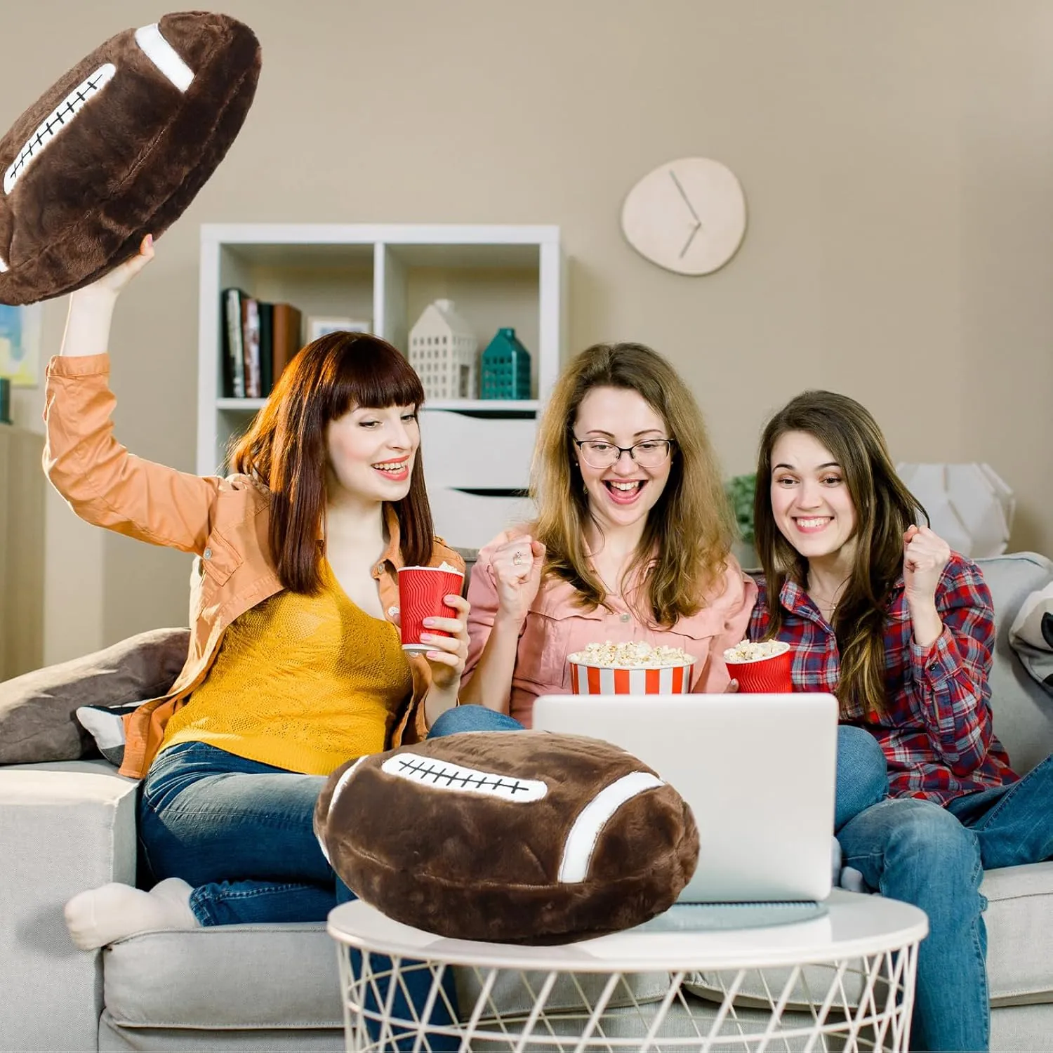 Gerrii 4 Pcs Basketball Softball Football Soccer Volleyball Tennis Pillow Sports Throw Pillow Fluffy Stuffed Plush Sport Theme Cushion Gift for Bedroom Decor(Football)