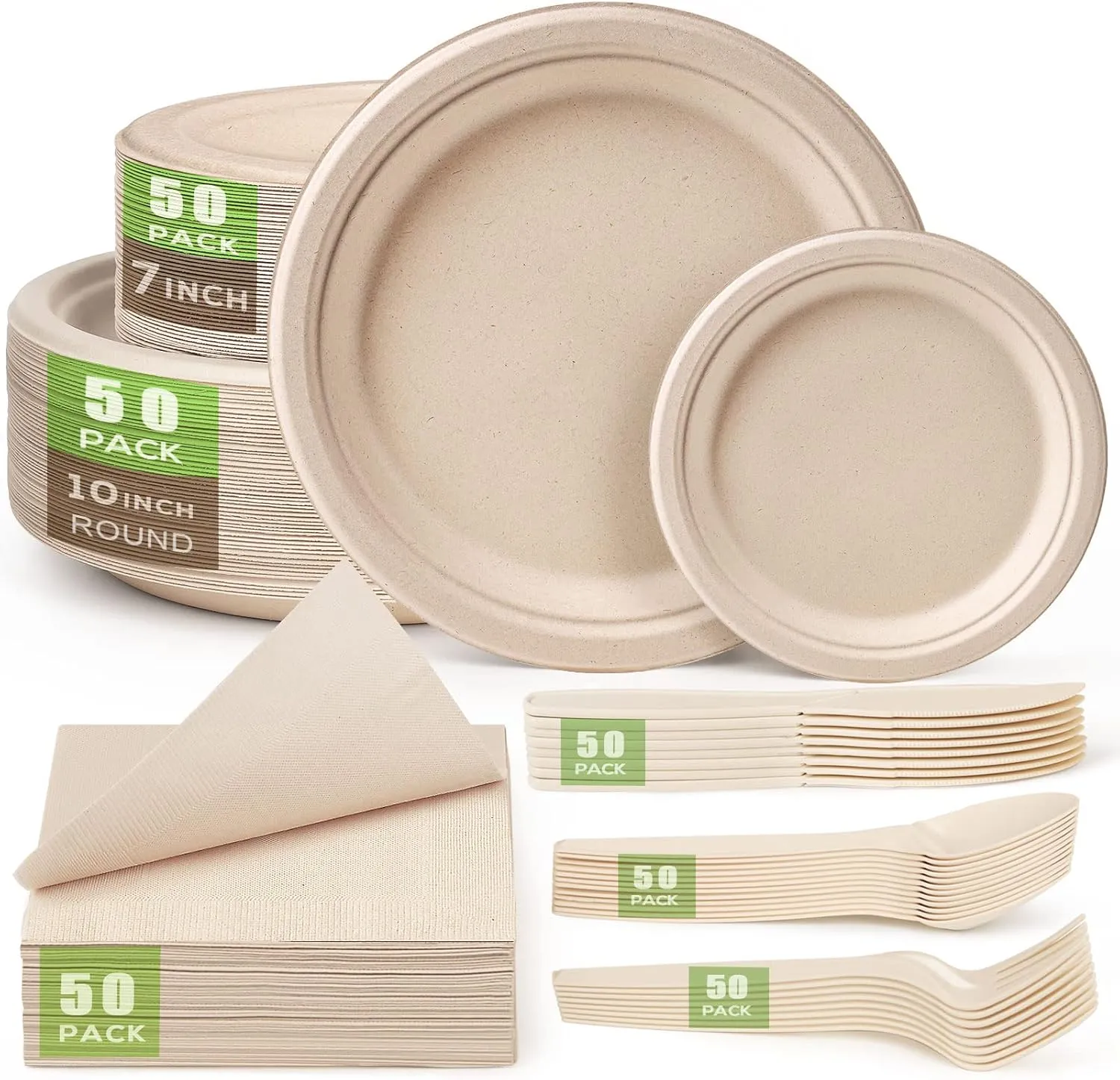 Gezond Compostable Paper Plates Set 300 Pieces Disposable Plates 10-inch Eco-friendly Paper Plates Heavy-duty Utensils and Napkins for Party, Made From Sugarcane Pulp