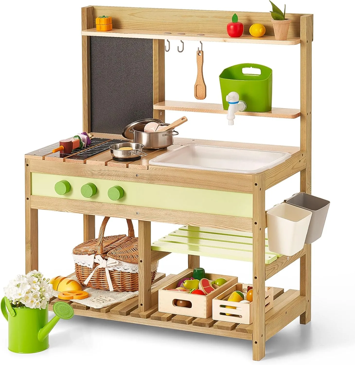 Giant bean Mud Kitchen Playset for Kids, Deluxe Wooden Toy Play Kitchen Set for Boys and Girls Ages 3-8 Indoor & Outdoor Activities, with Sand and Water Sink, Cookware Pots
