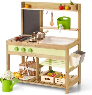 Giant bean Mud Kitchen Playset for Kids, Deluxe Wooden Toy Play Kitchen Set for Boys and Girls Ages 3-8 Indoor & Outdoor Activities, with Sand and Water Sink, Cookware Pots