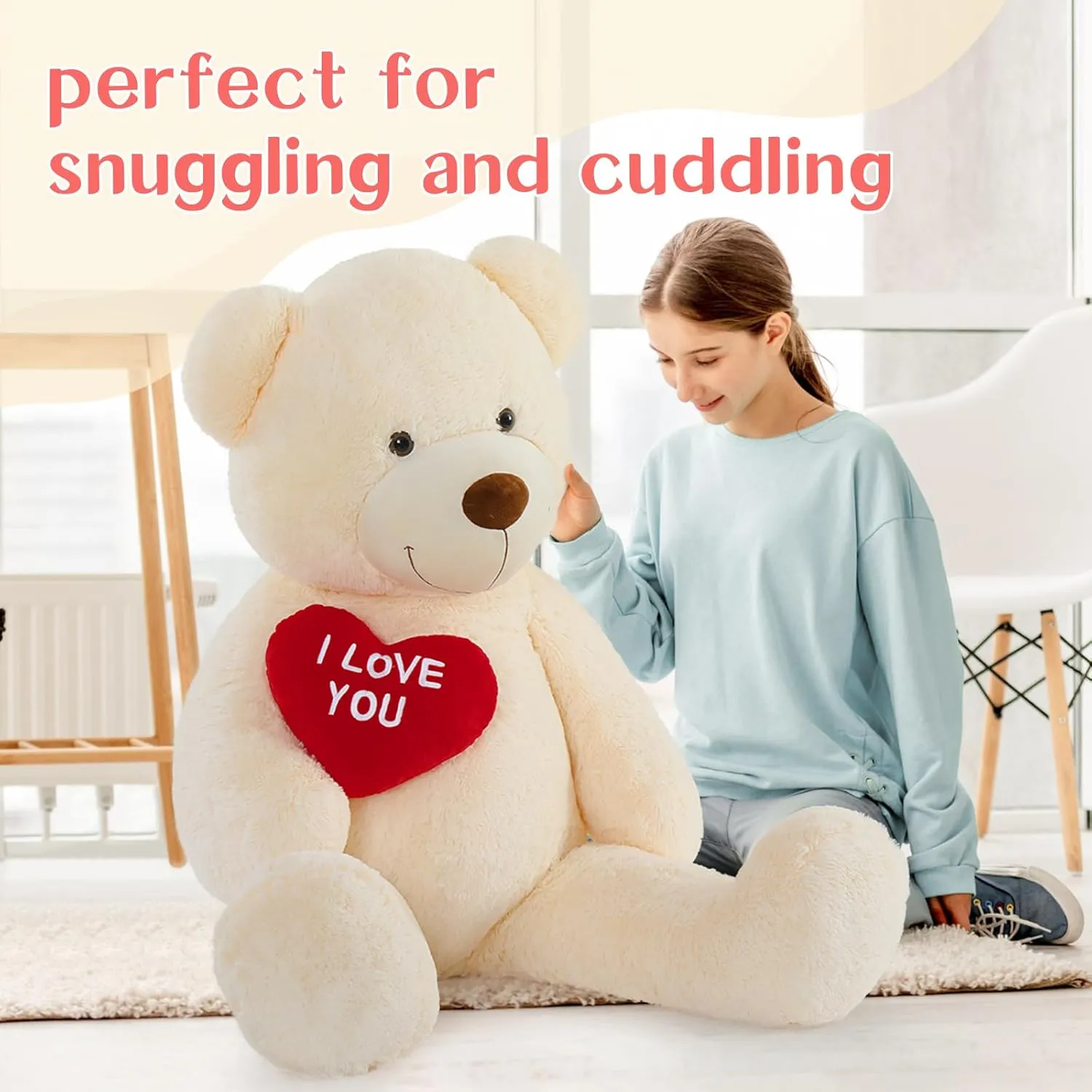 Giant Teddy Bear - Big Heart Teddy Plush Toy, 52" - Perfect for Kid's Christmas, Birthday, Valentine's, Wedding