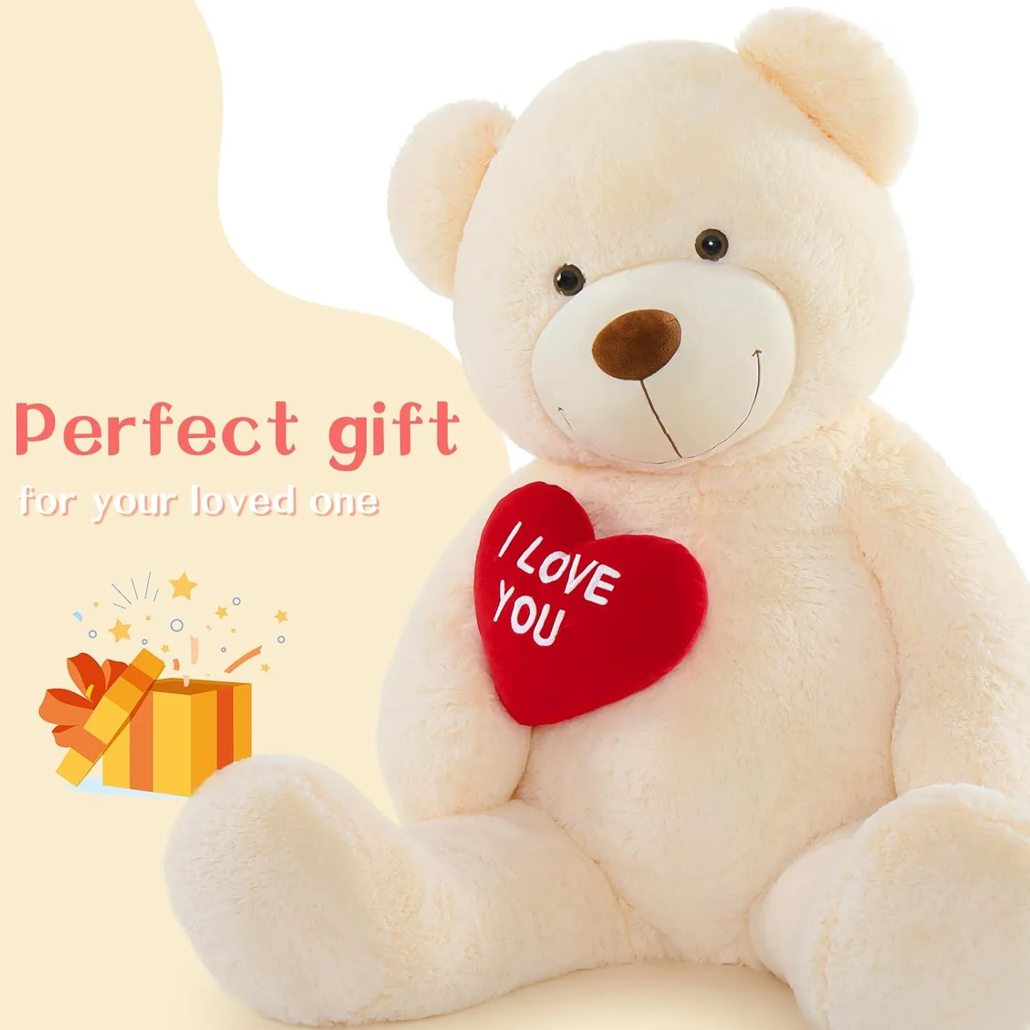 Giant Teddy Bear - Big Heart Teddy Plush Toy, 52" - Perfect for Kid's Christmas, Birthday, Valentine's, Wedding