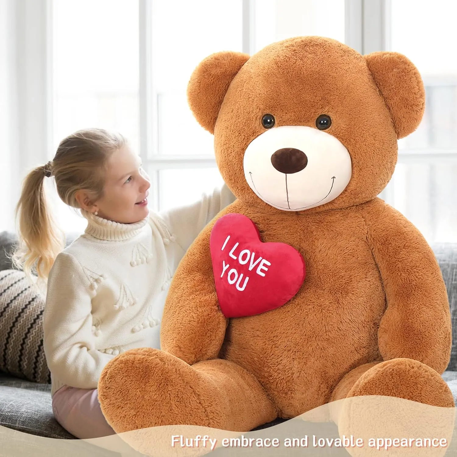 Giant Teddy Bear Stuffed Animal 5Ft, Big Teddy Bear with Heart, Large Brown Stuffed Bear Plush Toys for Kids, I Love You Bear Gift for Girlfriend Wedding