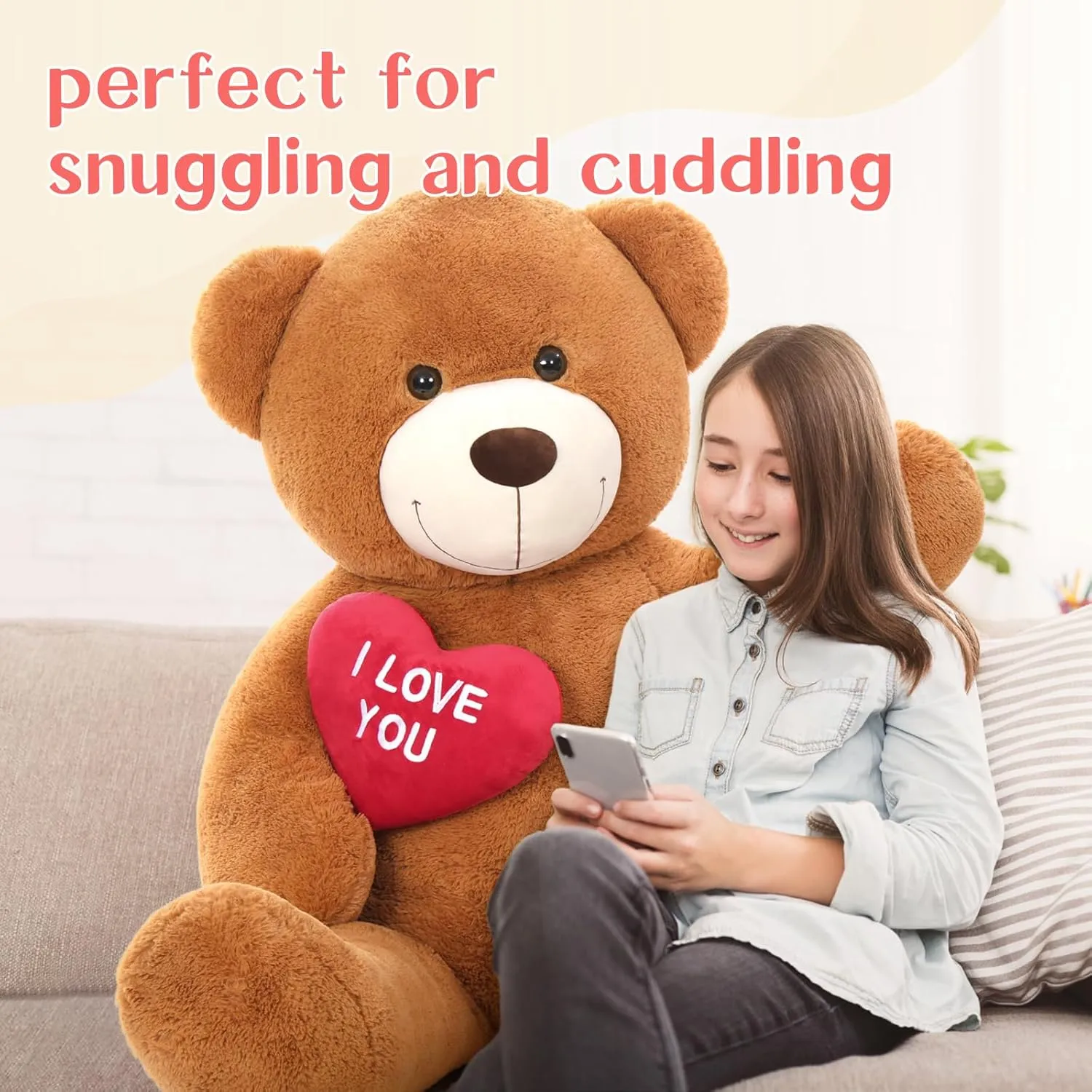 Giant Teddy Bear Stuffed Animal 5Ft, Big Teddy Bear with Heart, Large Brown Stuffed Bear Plush Toys for Kids, I Love You Bear Gift for Girlfriend Wedding