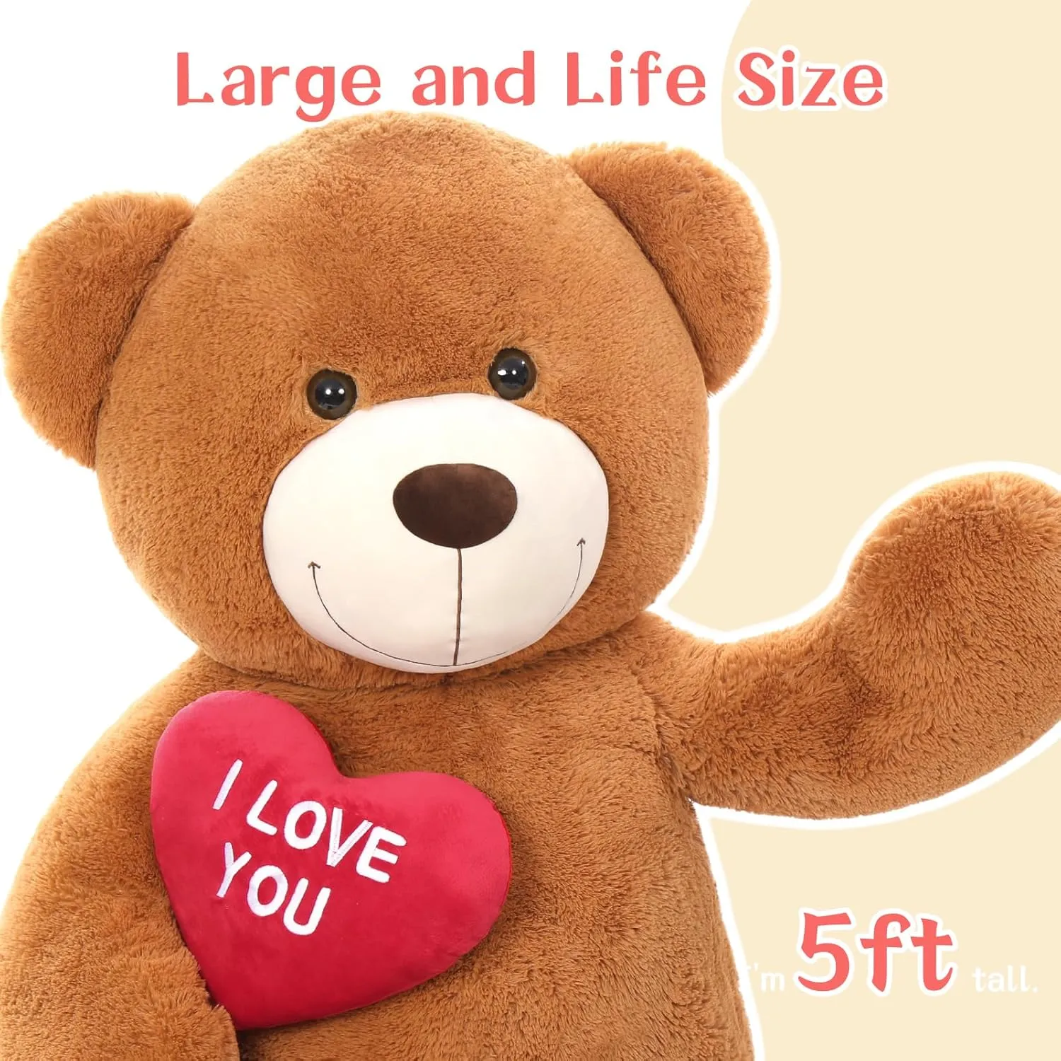 Giant Teddy Bear Stuffed Animal 5Ft, Big Teddy Bear with Heart, Large Brown Stuffed Bear Plush Toys for Kids, I Love You Bear Gift for Girlfriend Wedding