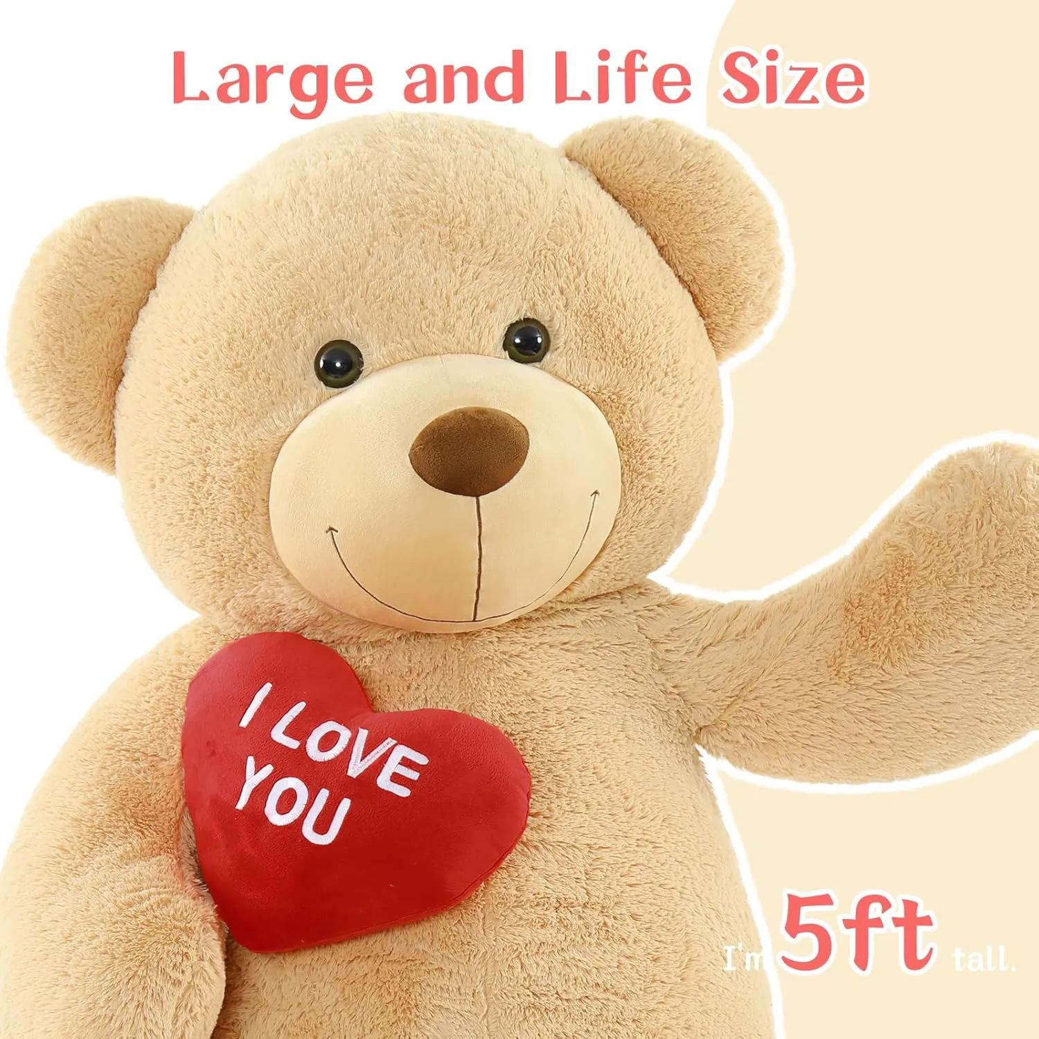 Giant Teddy Bear Stuffed Animal 5Ft, Big Teddy Bear with Heart, Large Brown Stuffed Bear Plush Toys for Kids, I Love You Bear Gift for Girlfriend Wedding