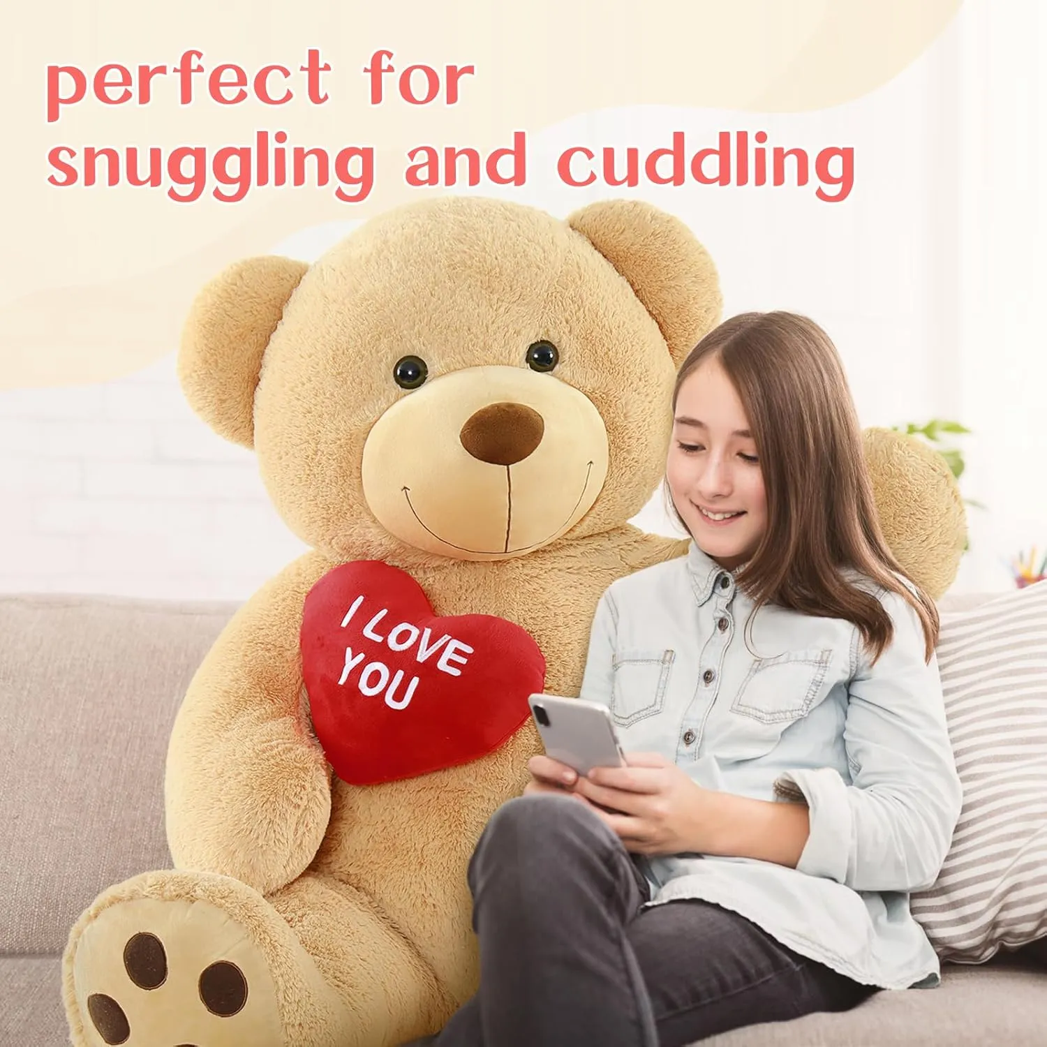 Giant Teddy Bear Stuffed Animal 5Ft, Big Teddy Bear with Heart, Large Brown Stuffed Bear Plush Toys for Kids, I Love You Bear Gift for Girlfriend Wedding