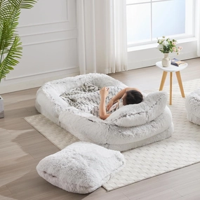 Giant Human Dog Bed with Adjustable Back, Folding Lazy Floor Lounger Chair with Washable Fluffy Faux Fur Cover Adult Nap Sofa Bed with 2 Plump Pillows, No Assembly Required