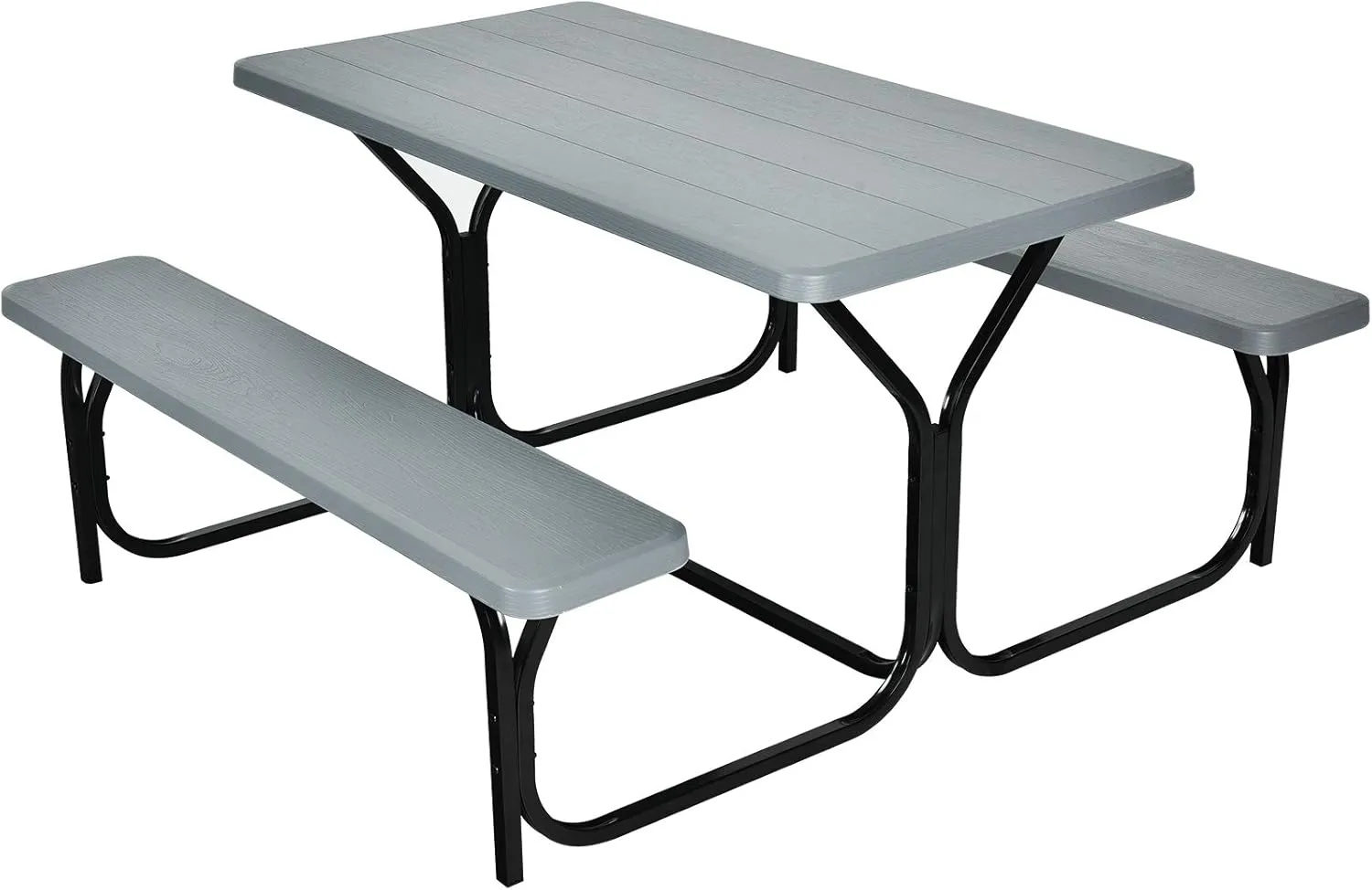 Giantex Picnic Table Bench Set Outdoor Camping All Weather Metal Base Wood-Like Texture Backyard Poolside Dining Party Garden Patio Lawn Deck Furniture Large Camping Picnic Tables for Adult (Gray)