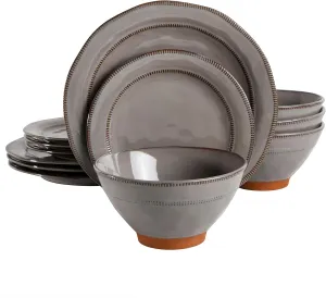Gibson Elite Terranea Round Reactive Glaze Terra Cotta Dinnerware Set, Service for Four (12pcs), Grey