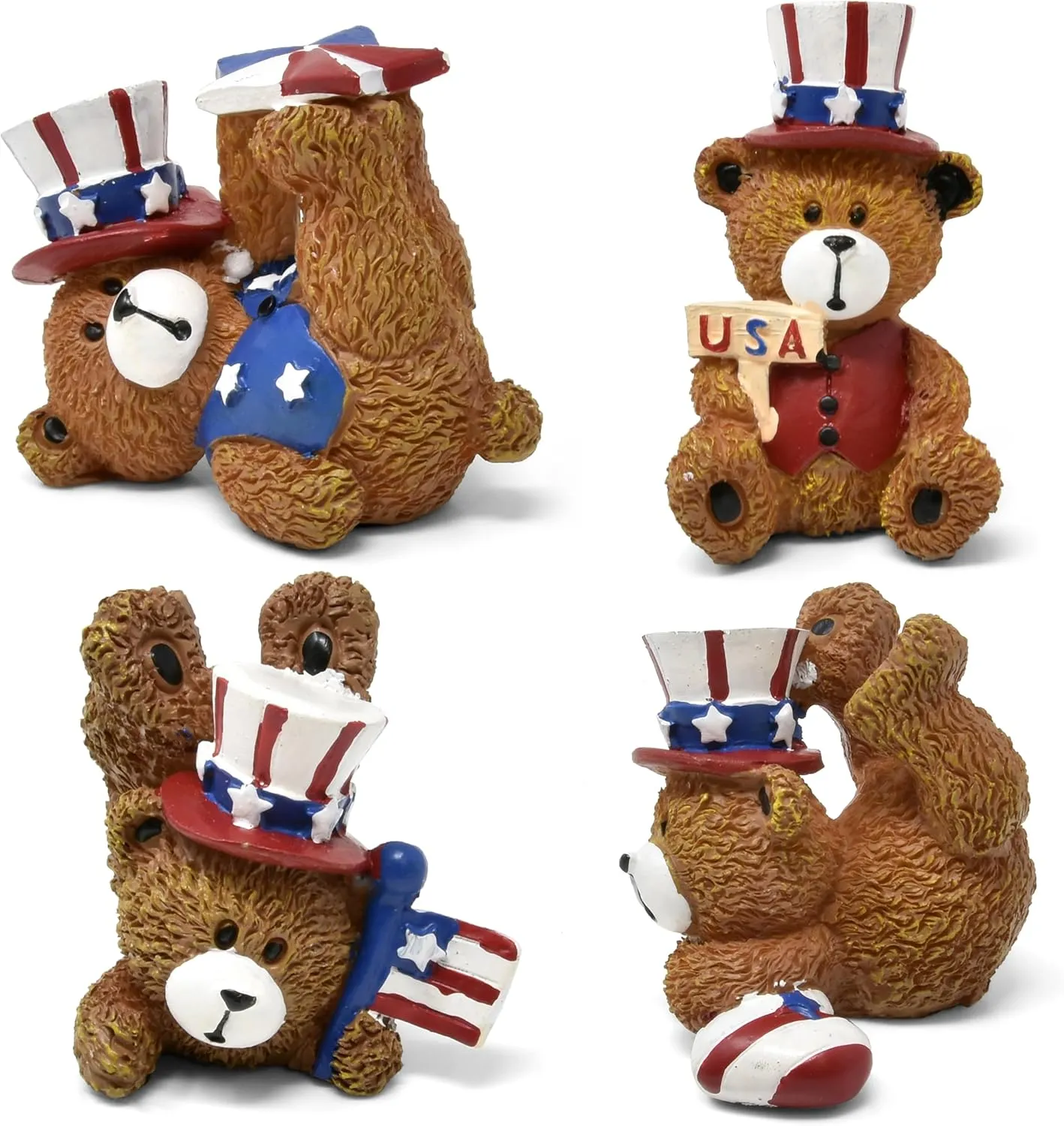 Gift Boutique Patriotic Bear Figurines Table Top Decor 4 Set Mini Teddy Bears Uncle Sam Resin Centerpiece July 4th Tabletop Figures for USA American Mantle Shelf Home Party Decorations