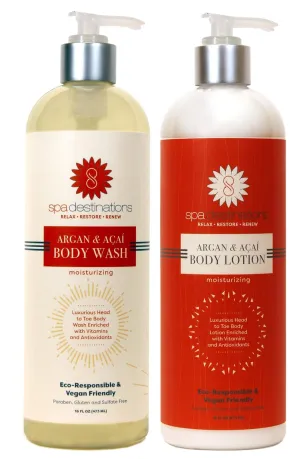 Gift Set Clean Scent Argan & Acai Body Wash and Tropical Scent Argan & Acai Body Lotion 16 ounce 2 piece set