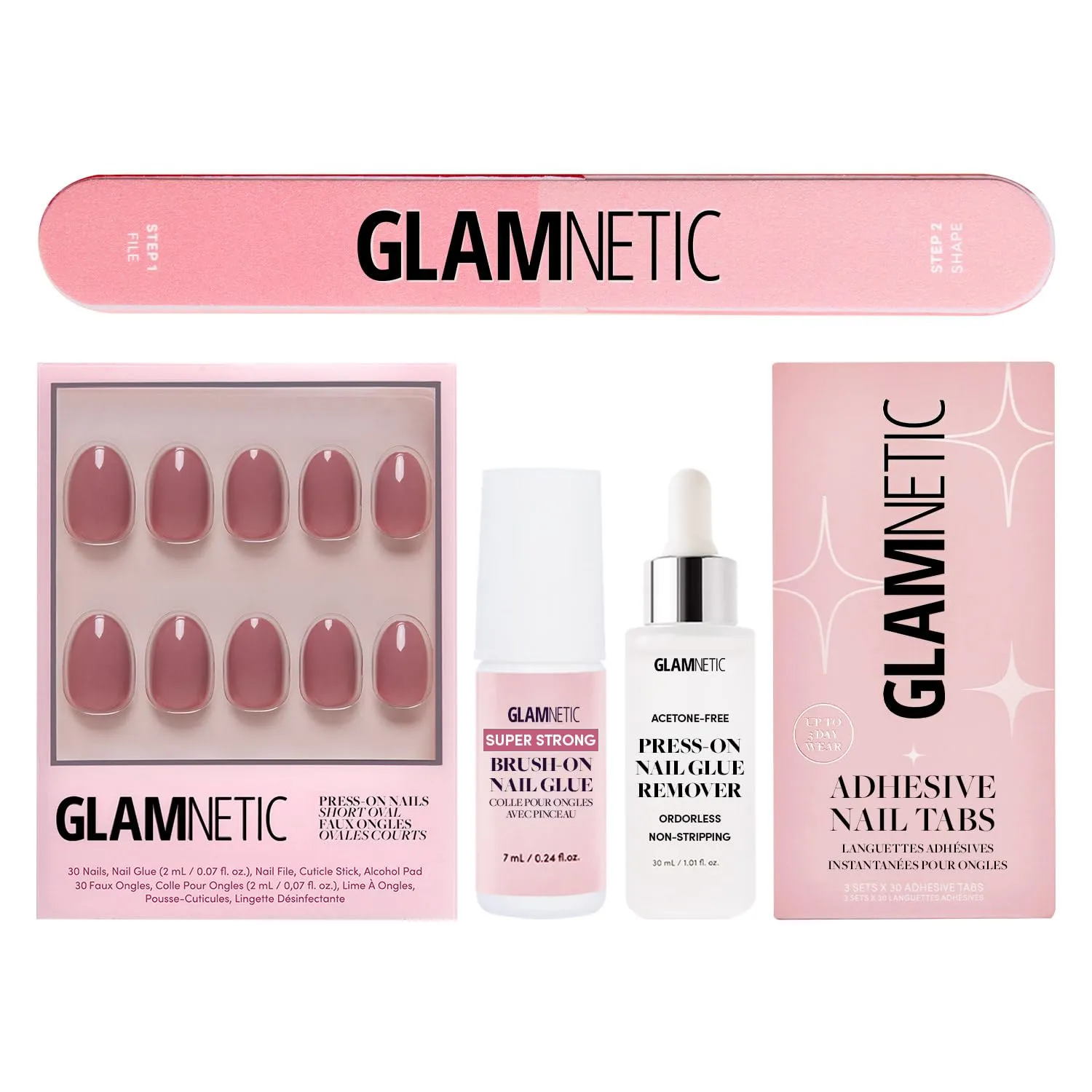 Glamnetic Press-On Nails Bundle - Fall Mauve | Super Strong Brush-On Glue, Press-On Nail Remover & 7-In-1 Nail Buffer | Opaque Muted Blush Mauve Short Oval False Nails, Reusable