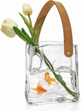 Glass Bag Vase for Flowers, Unique Purse Vases with Leather Handle, Decorative Wrinkle Handbag Shape Vase, Handmade Clear Fish Bowl for Centerpieces, Home Office Garden Wedding, Farmhouse Decor