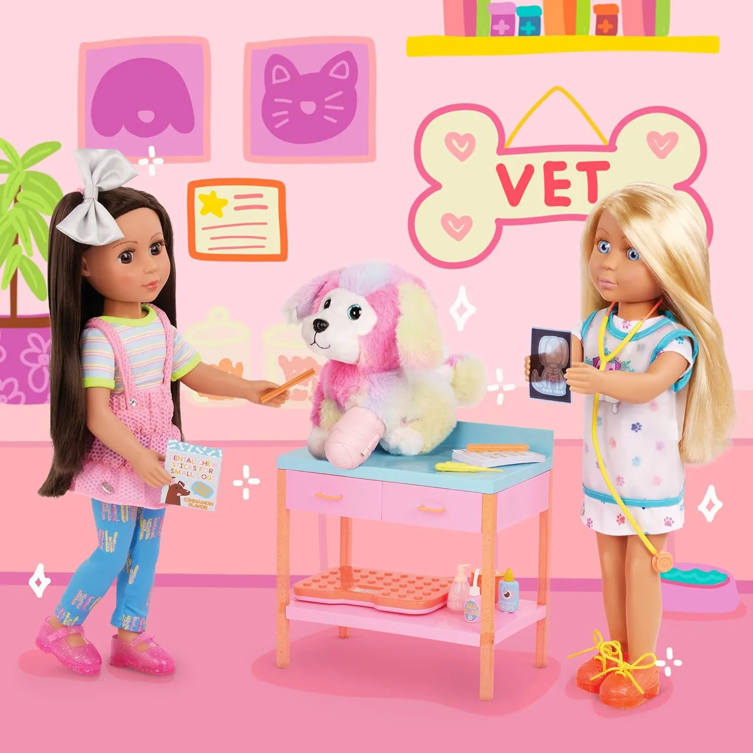 Glitter Girls – Kids Toy Vet Set – Plush Dog & Medical Toys – Doll Furniture – Posable Pet with Pink Fur – Toys for Kids 3 Years  – Sniffles & Vet Table Playset
