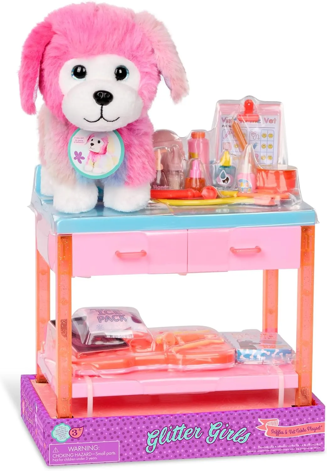 Glitter Girls – Kids Toy Vet Set – Plush Dog & Medical Toys – Doll Furniture – Posable Pet with Pink Fur – Toys for Kids 3 Years  – Sniffles & Vet Table Playset