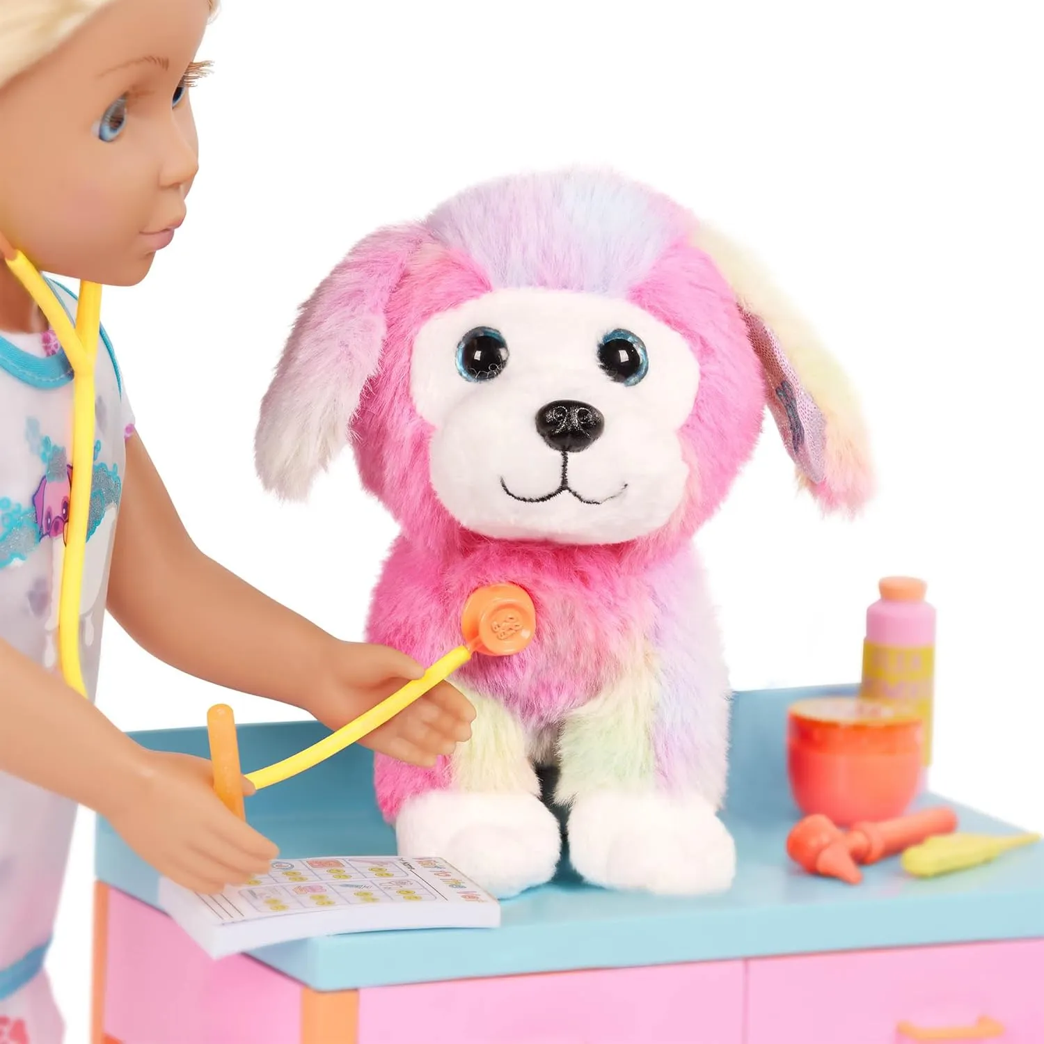 Glitter Girls – Kids Toy Vet Set – Plush Dog & Medical Toys – Doll Furniture – Posable Pet with Pink Fur – Toys for Kids 3 Years  – Sniffles & Vet Table Playset