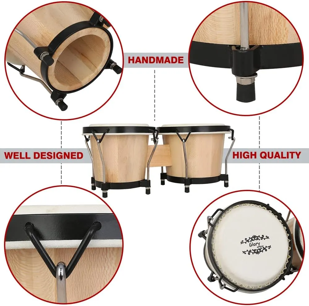 Glory Bongo Drums 6” and 7” Wood Percussion Instrument Bongos with bag and tuning Key,Natural