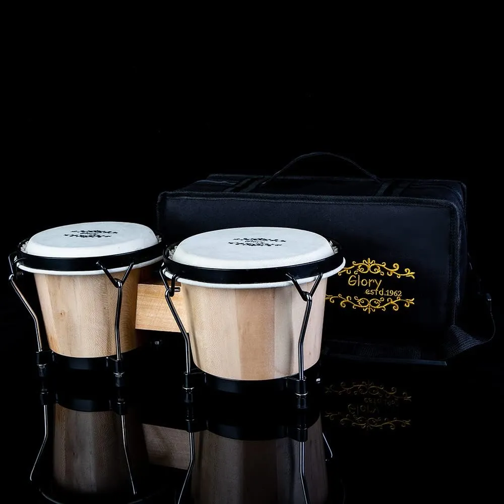 Glory Bongo Drums 6” and 7” Wood Percussion Instrument Bongos with bag and tuning Key,Natural