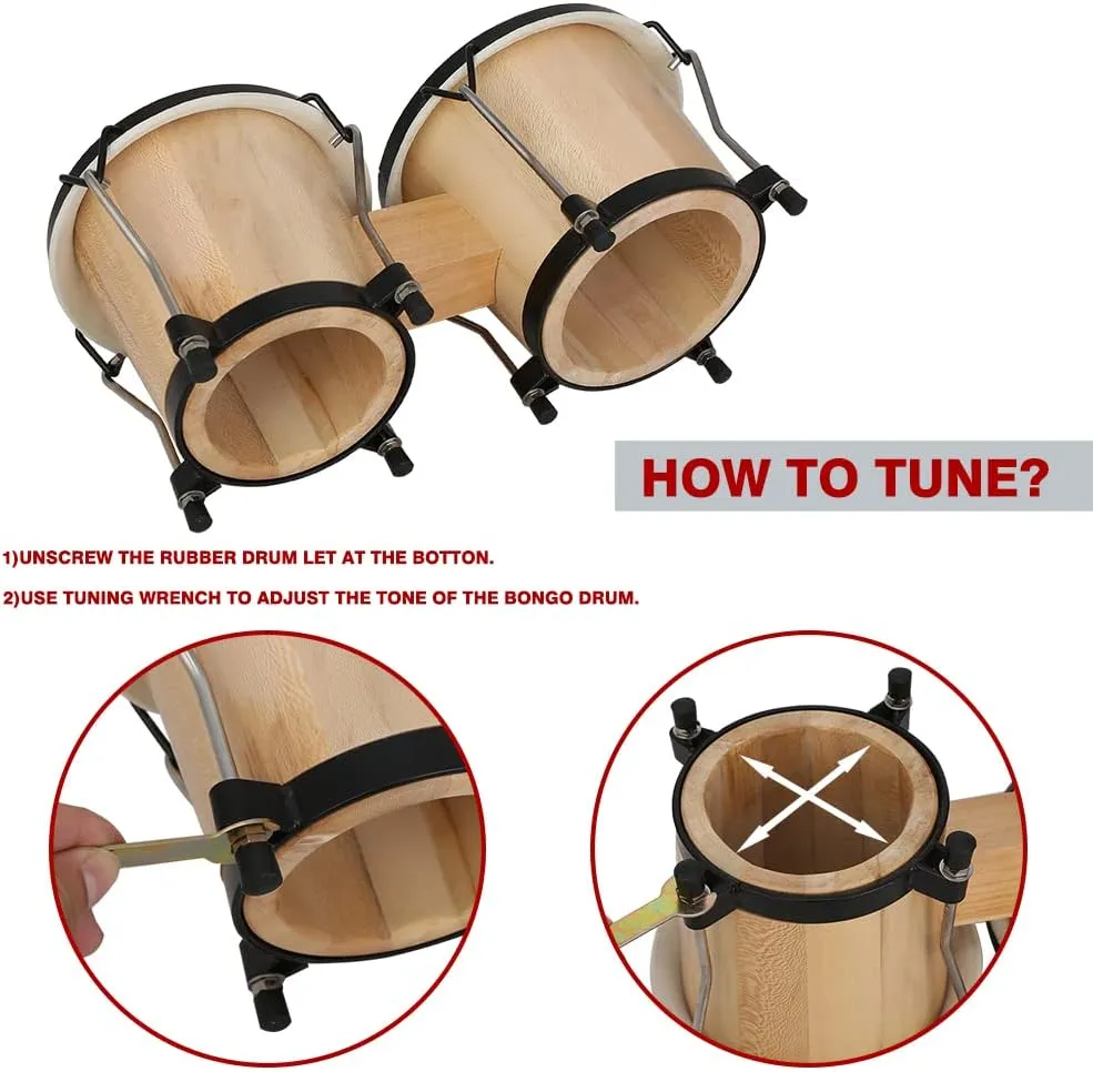 Glory Bongo Drums 6” and 7” Wood Percussion Instrument Bongos with bag and tuning Key,Natural