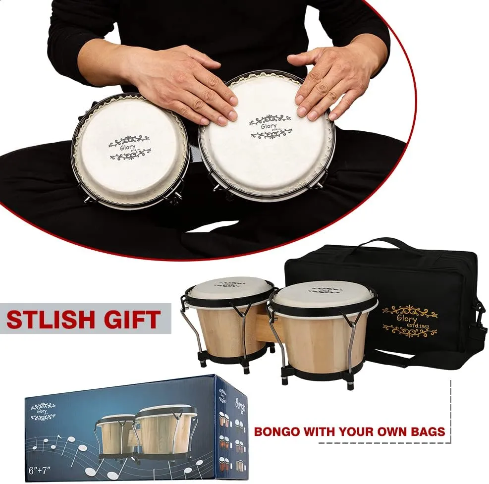 Glory Bongo Drums 6” and 7” Wood Percussion Instrument Bongos with bag and tuning Key,Natural