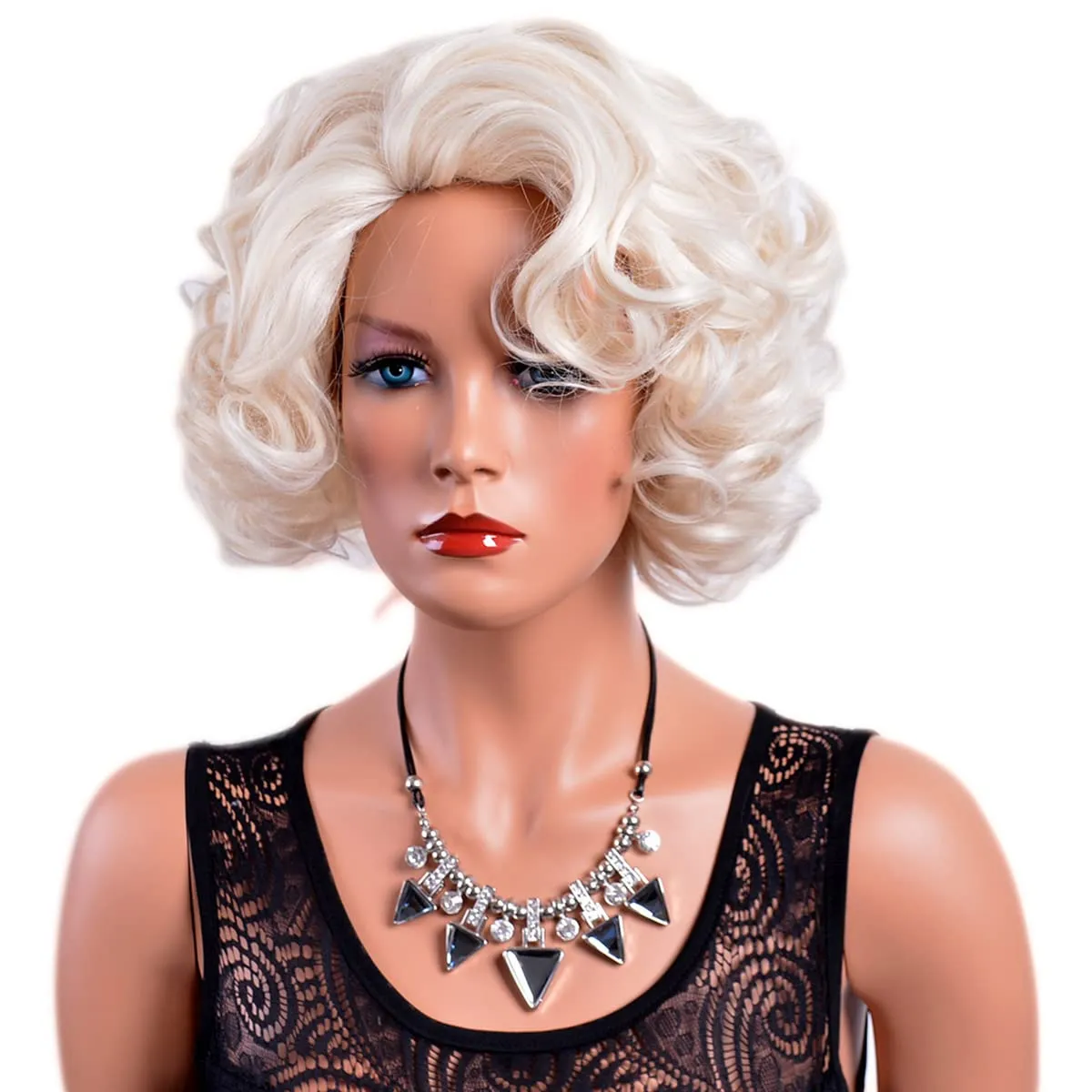 GNIMEGIL Short Big Curly Wavy Layered Wigs for Women Cosplay Wig Coser Party Costume Synthetic Hair Platinum Blonde Halloween Wigs (Platinum Blond Stud Earrings White Gloves)