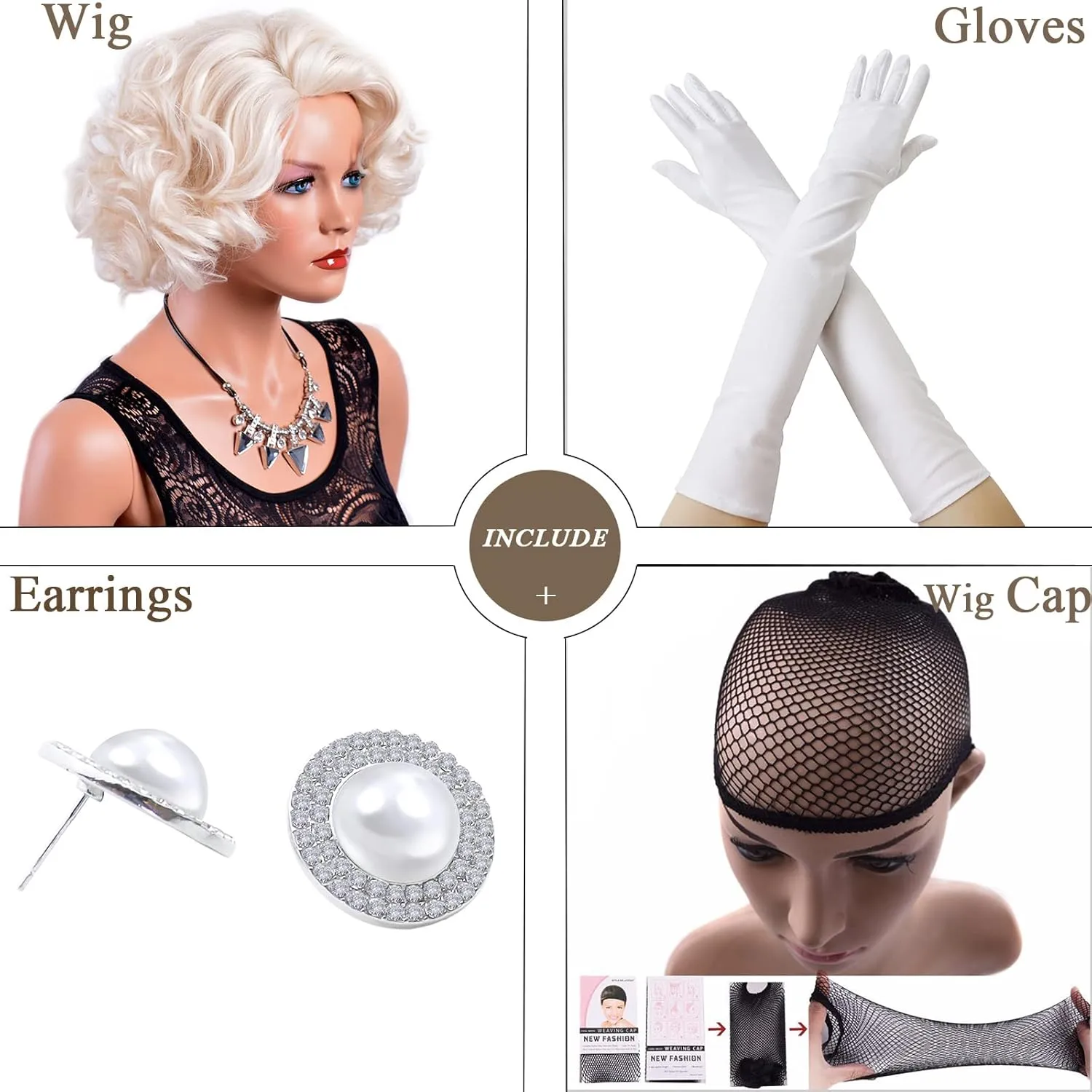 GNIMEGIL Short Big Curly Wavy Layered Wigs for Women Cosplay Wig Coser Party Costume Synthetic Hair Platinum Blonde Halloween Wigs (Platinum Blond Stud Earrings White Gloves)