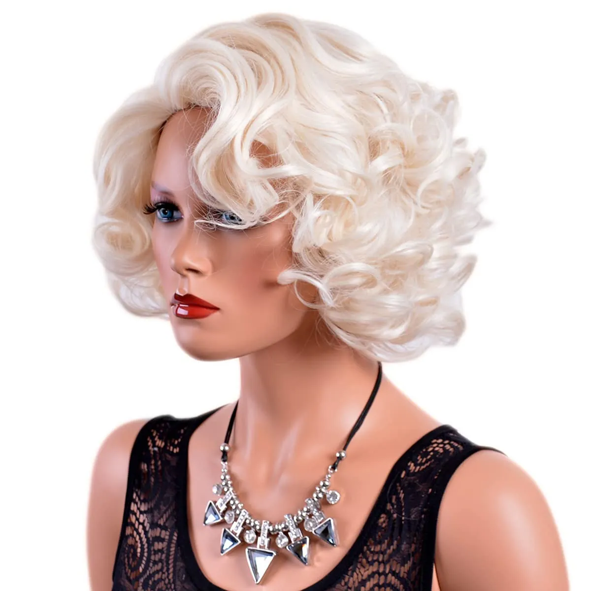 GNIMEGIL Short Big Curly Wavy Layered Wigs for Women Cosplay Wig Coser Party Costume Synthetic Hair Platinum Blonde Halloween Wigs (Platinum Blond Stud Earrings White Gloves)