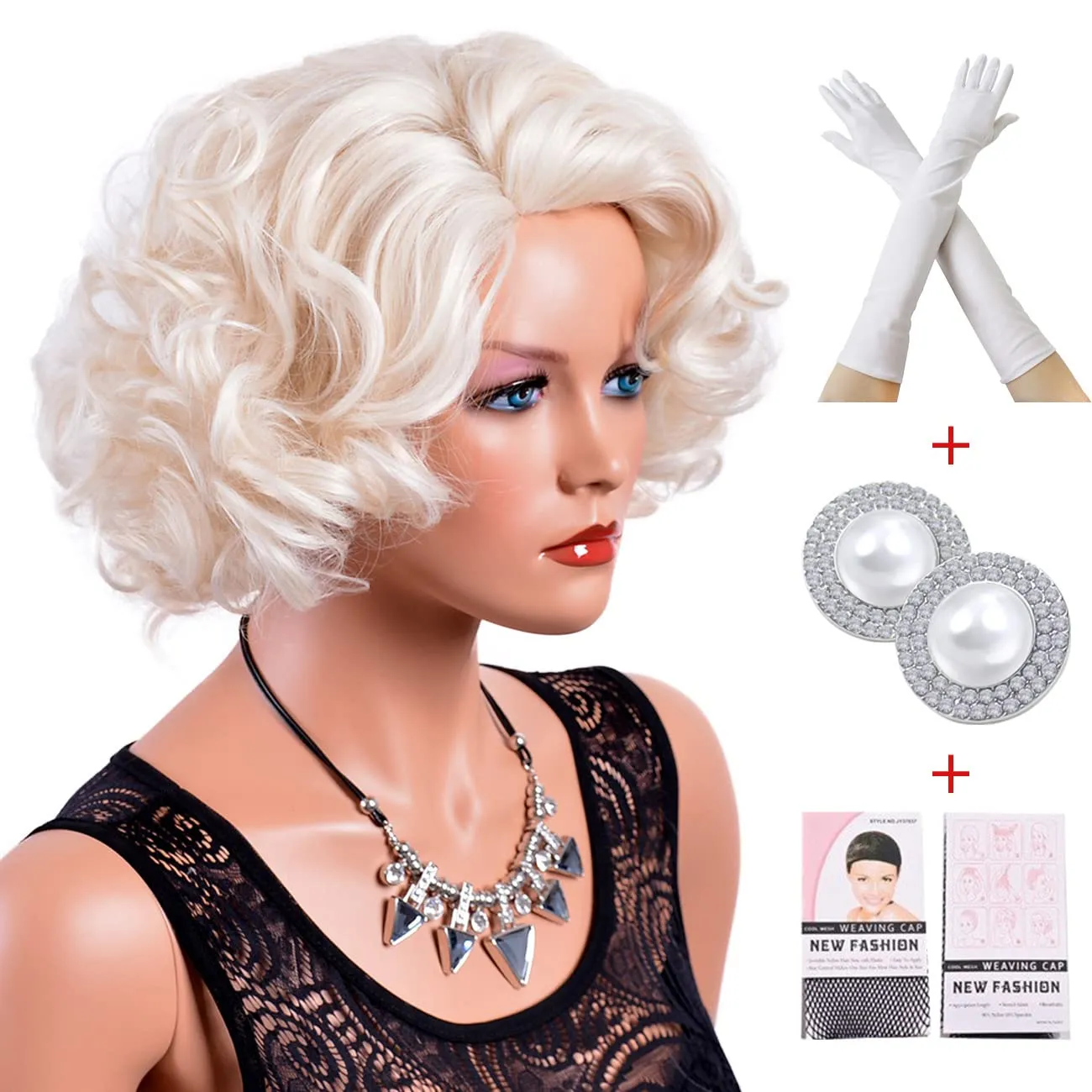 GNIMEGIL Short Big Curly Wavy Layered Wigs for Women Cosplay Wig Coser Party Costume Synthetic Hair Platinum Blonde Halloween Wigs (Platinum Blond Stud Earrings White Gloves)