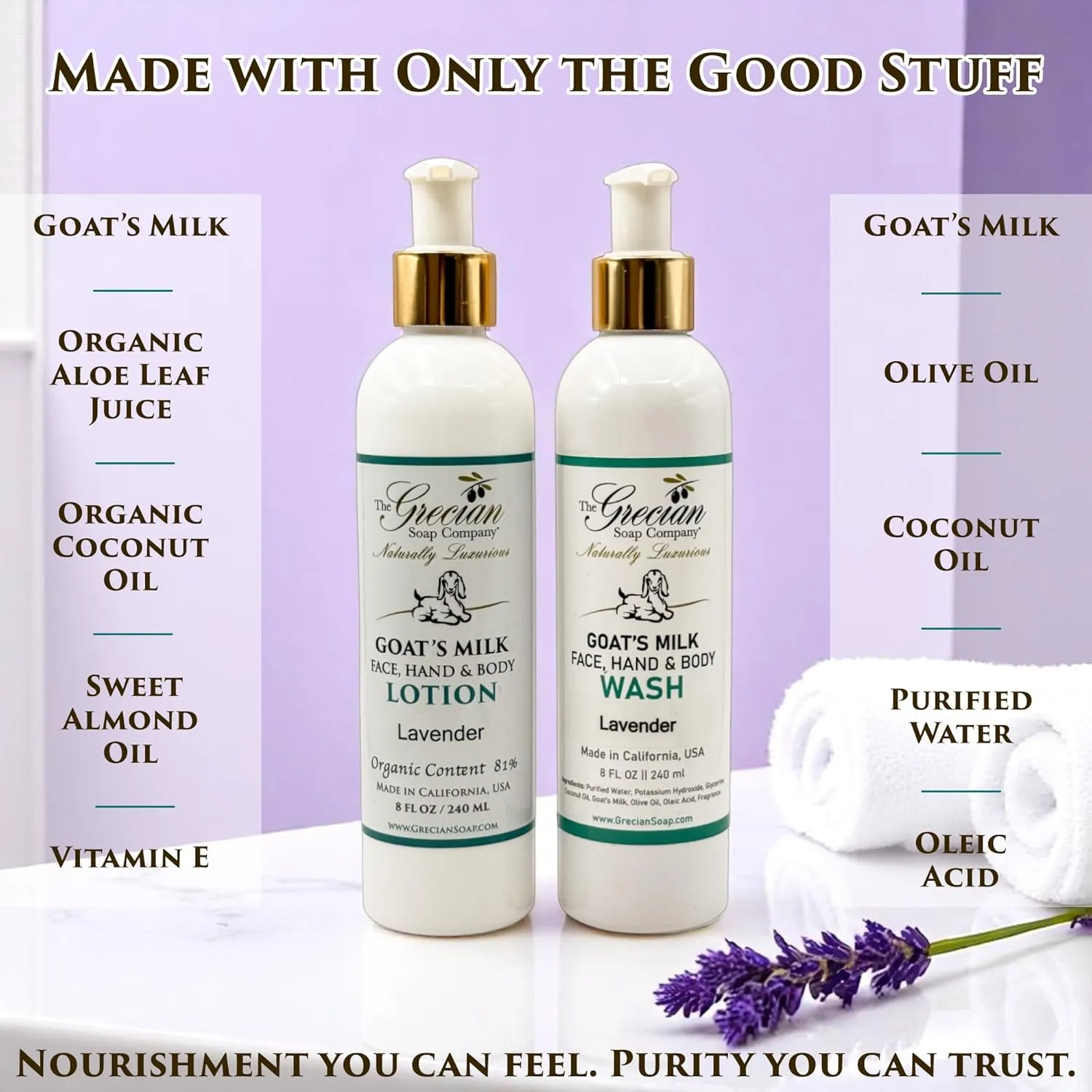 Goat Milk Lotion & Body Wash Set – Lavender Scent, 8oz each - Body Lotion & Face Wash, Moisturizing Skin Care Set for All Skin Types, Hydrating Skincare
