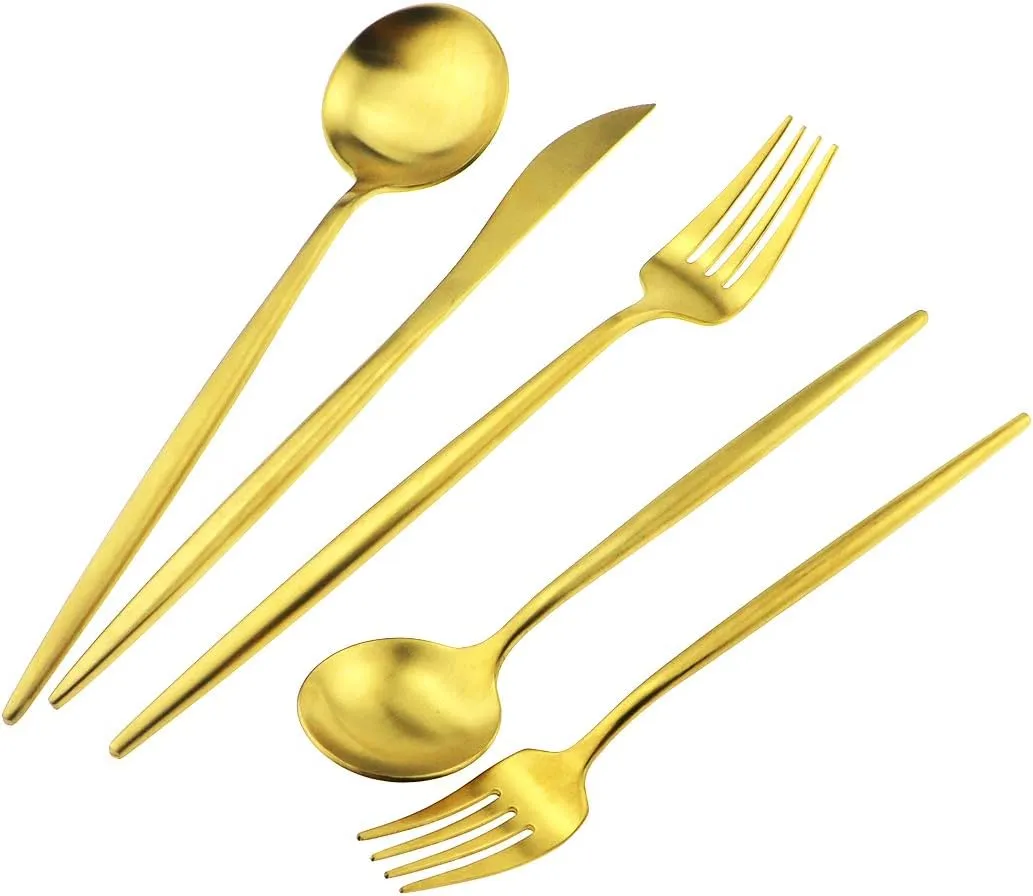 Gold Flatware, Royal 20 Piece Luxury Matte Finish 18/10 Stainless Steel Tableware Sets for 4 Including Forks Spoons Knives, Camping Silverware Travel Utensils Set Cutlery (Gold)
