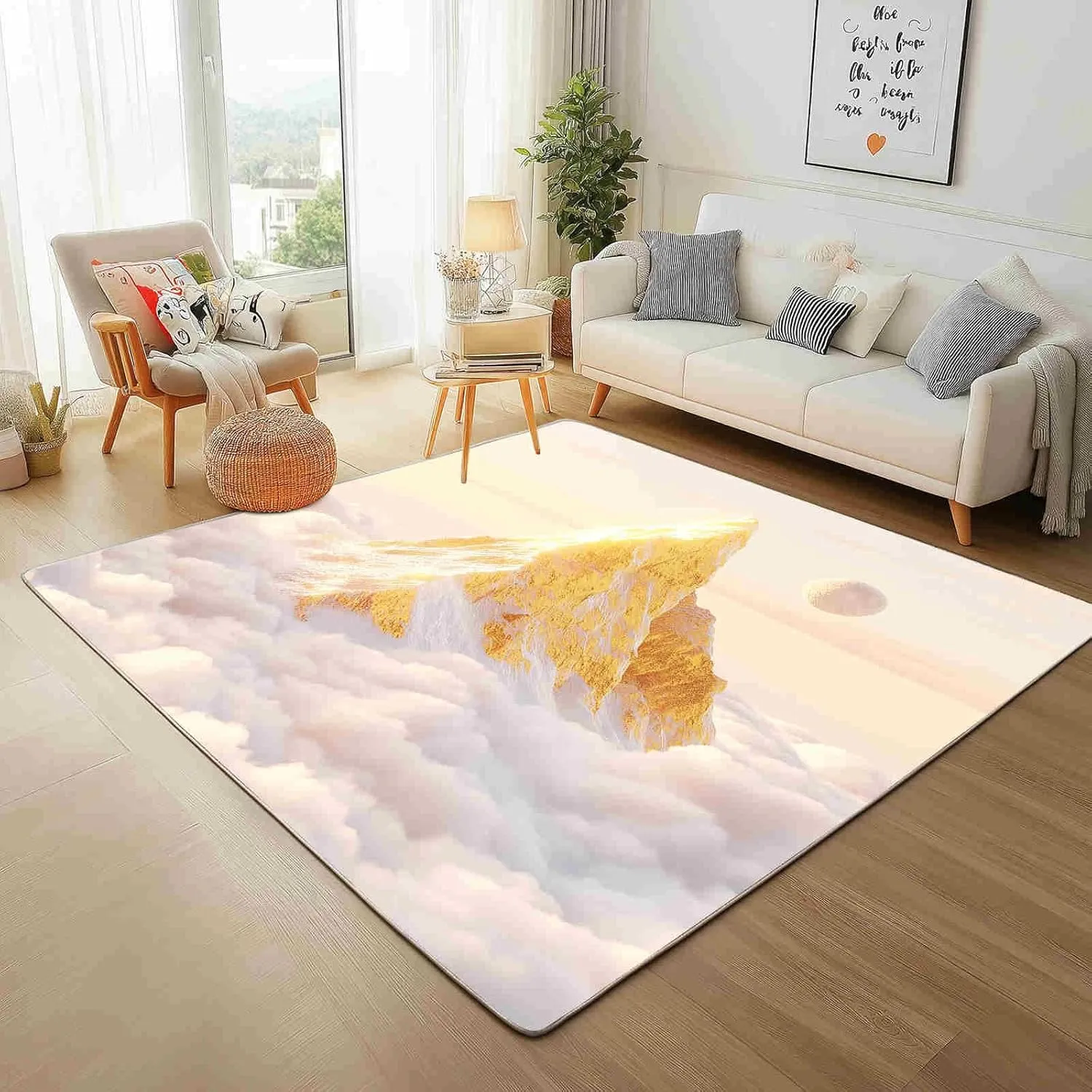Golden Mountains Area Rug for Bedroom 5x8 Dreamy Sea of ​​Clouds Large Area Rugs Living Room Anime Style Moon Carpet for Study Bedroom Nursery, Washable Rugs Non Slip Soft Carpet