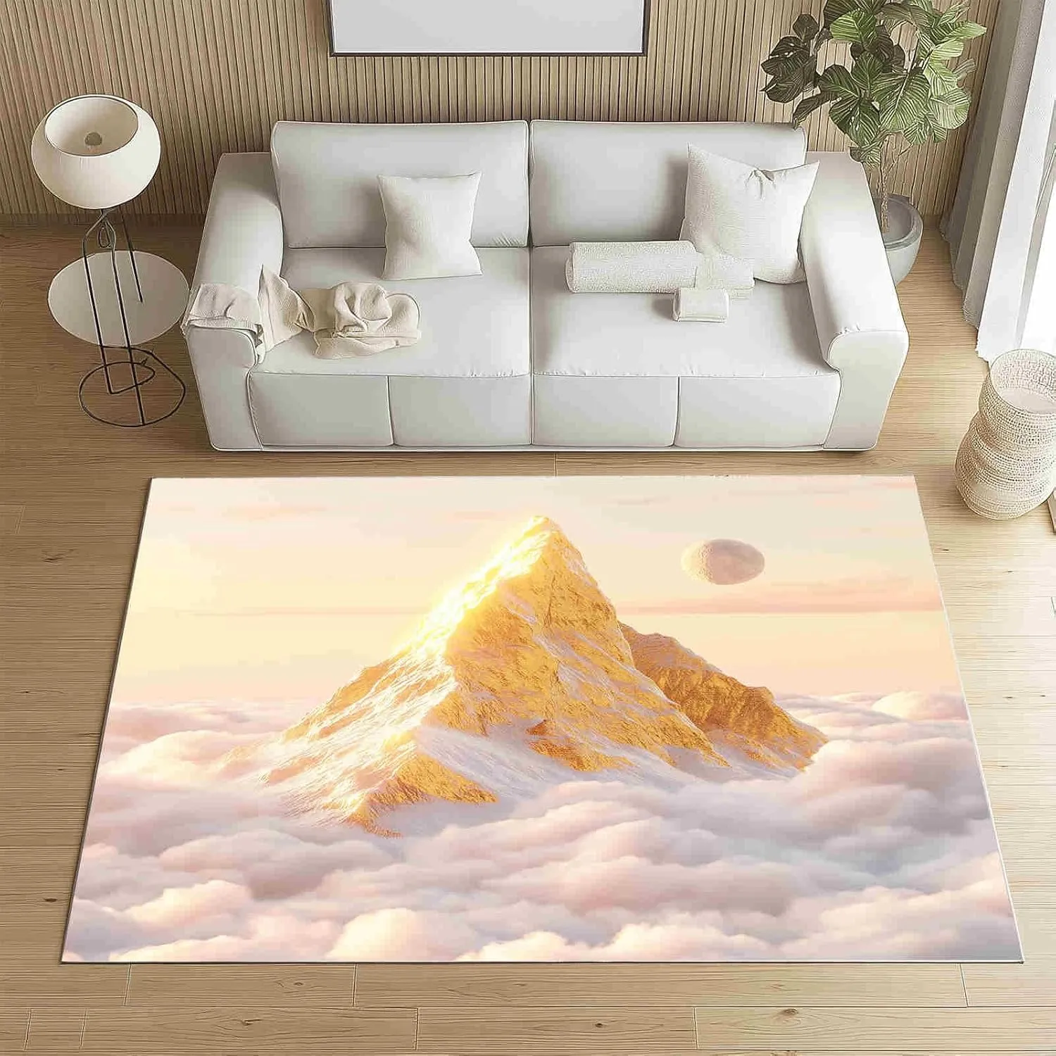 Golden Mountains Area Rug for Bedroom 5x8 Dreamy Sea of ​​Clouds Large Area Rugs Living Room Anime Style Moon Carpet for Study Bedroom Nursery, Washable Rugs Non Slip Soft Carpet