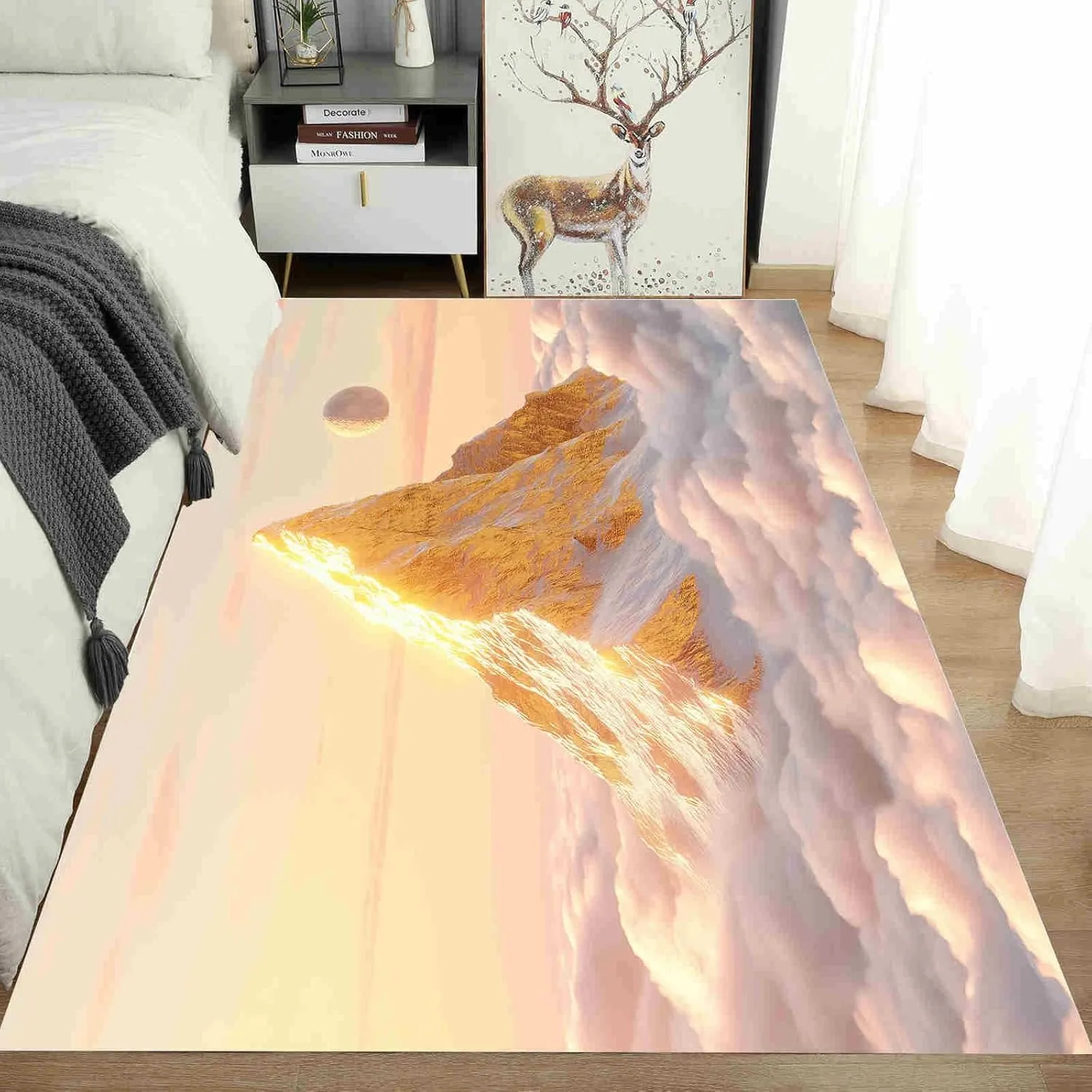 Golden Mountains Area Rug for Bedroom 5x8 Dreamy Sea of ​​Clouds Large Area Rugs Living Room Anime Style Moon Carpet for Study Bedroom Nursery, Washable Rugs Non Slip Soft Carpet