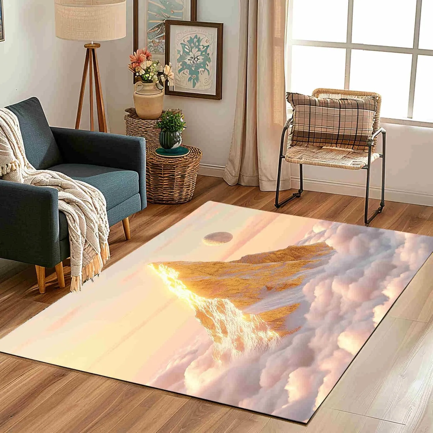 Golden Mountains Area Rug for Bedroom 5x8 Dreamy Sea of ​​Clouds Large Area Rugs Living Room Anime Style Moon Carpet for Study Bedroom Nursery, Washable Rugs Non Slip Soft Carpet