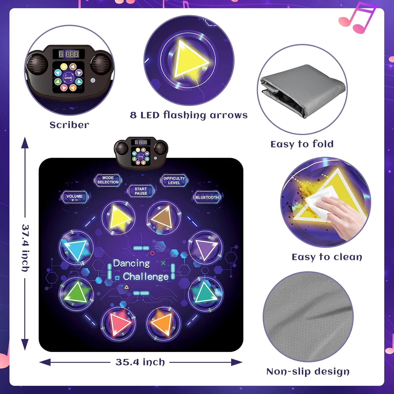 GOLDGE Kid's LED Dance Mat - 8-Button Pad with Volume Control, Music, Bluetooth, 8 Modes, 3 Difficulty Levels. Ages 3-12 (Purple)