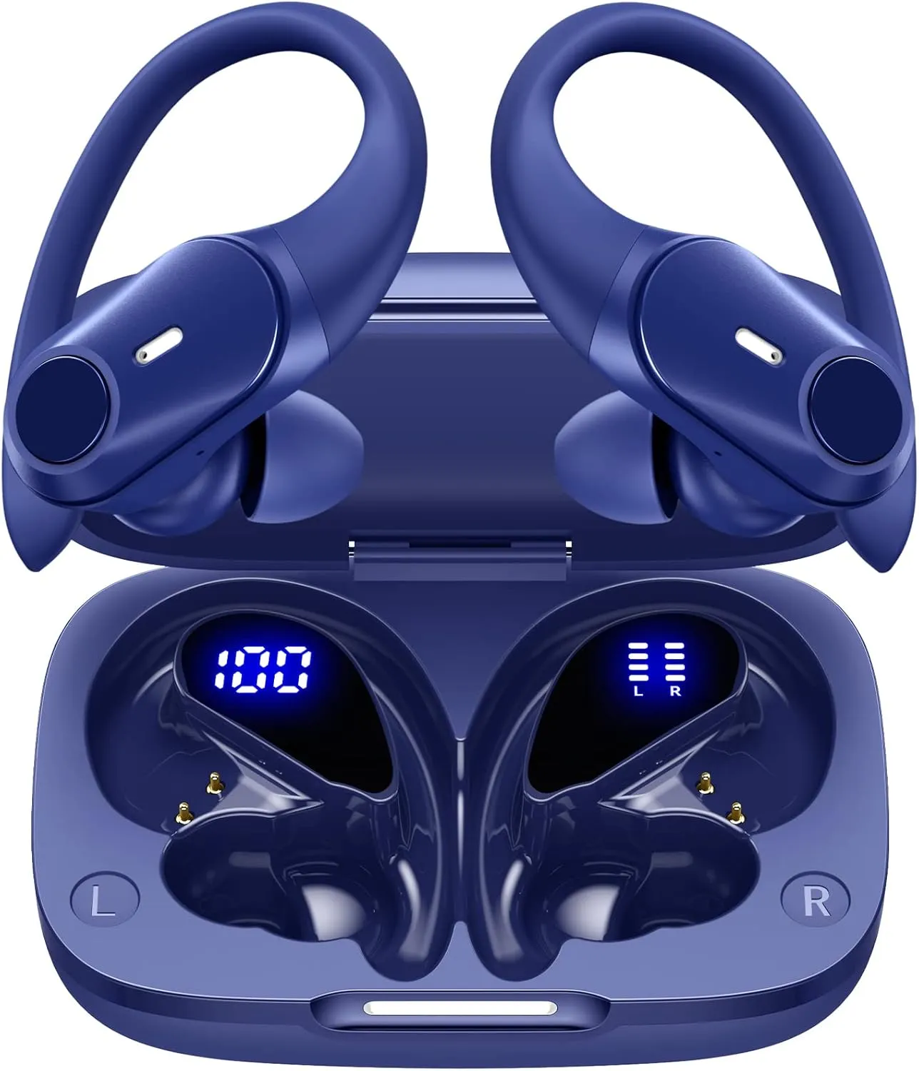 GOLREX Wireless Earbuds Bluetooth Headphones 80H Playtime Ear Buds with Wireless Charging Case & Dual LED Power Display Over-Ear Earphones with Earhooks for Sports Running Workout Blue