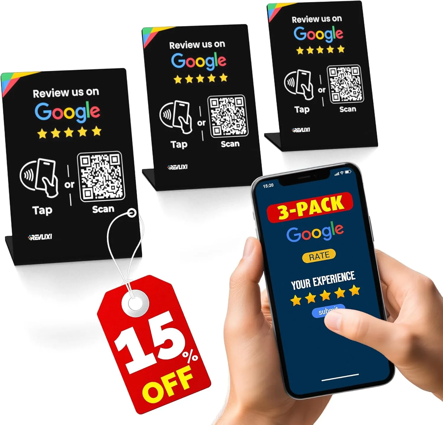 Google Review Stand (3 PCS) - Boost Reviews w/Reusable Google Review Tap Card Stand & QR Code Stand- Smart Phone & iPhone Compatible - Boost Google Reviews for Online Growth - Acrylic (Black)
