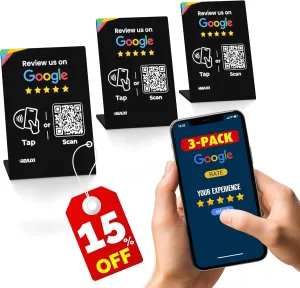 Google Review Stand (3 PCS) - Boost Reviews w/Reusable Google Review Tap Card Stand & QR Code Stand- Smart Phone & iPhone Compatible - Boost Google Reviews for Online Growth - Acrylic (Black)