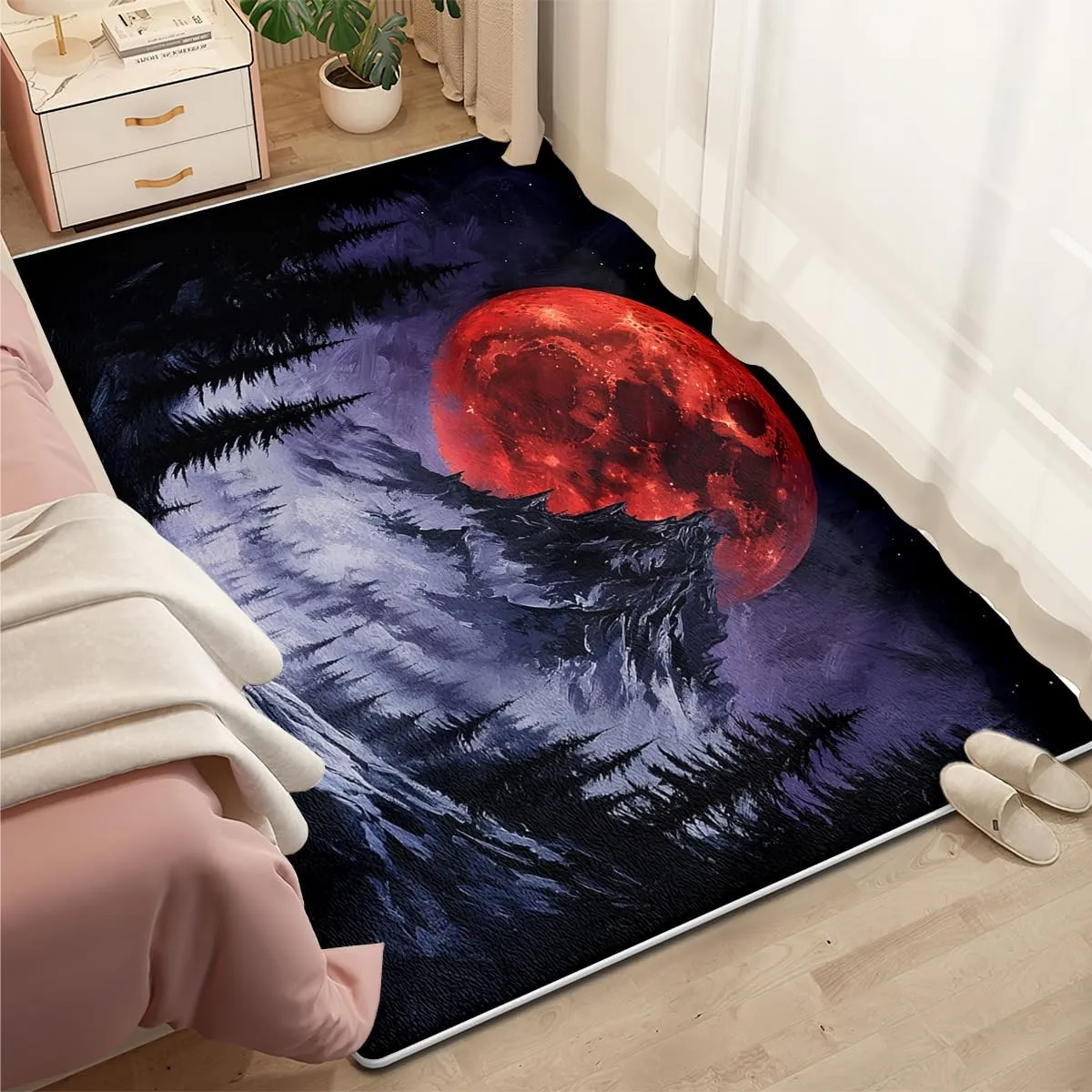 Gothic Mountain Area Rugs for Bedroom Living Room, 4X6 Super Soft Red Sun Indoor Carpets, Dark Moonlight Carpet for Boys Girls Adults Apartment Nursery Home Décor
