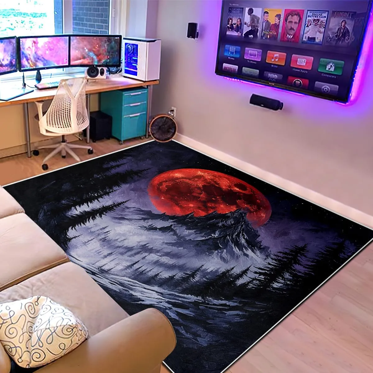 Gothic Mountain Area Rugs for Bedroom Living Room, 4X6 Super Soft Red Sun Indoor Carpets, Dark Moonlight Carpet for Boys Girls Adults Apartment Nursery Home Décor