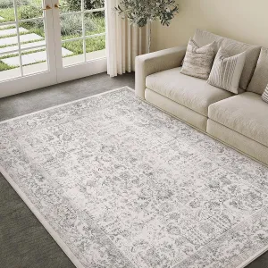 Gray Area Rug 5x7 Machine Washable Vintage Living Room Distressed Non Slip Carpet Traditional Indoor Bedroom Grey Retro Floral Accent Throw Large Rug for Office Kitchen Bathroom Dining Room