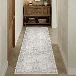 Gray Runner Rug 2x6 Hallway Machine Washable Kitchen Vintage Distressed Non Slip Long Carpet Indoor Grey Retro Floral Bedroom Accent Throw Rug for Bathroom Office Laundry Dining Living Room