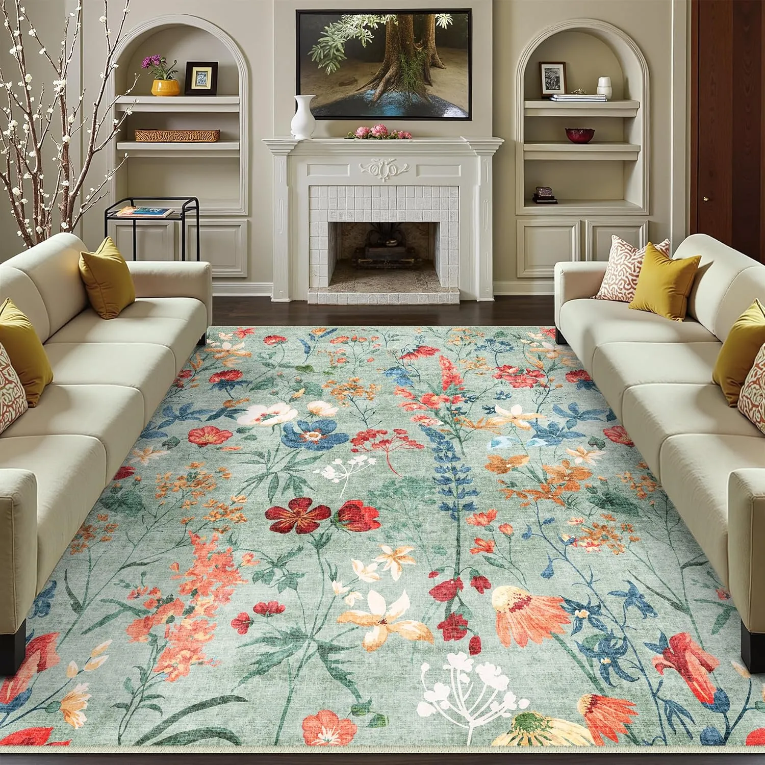 Green Area Rug 6x9 Floral Washable Living Room Kitchen Boho Carpet Non Slip Low Pile Indoor Accent Lightweight Soft Throw Rug for Bedroom Office Dining Room Nursery Farmhouse