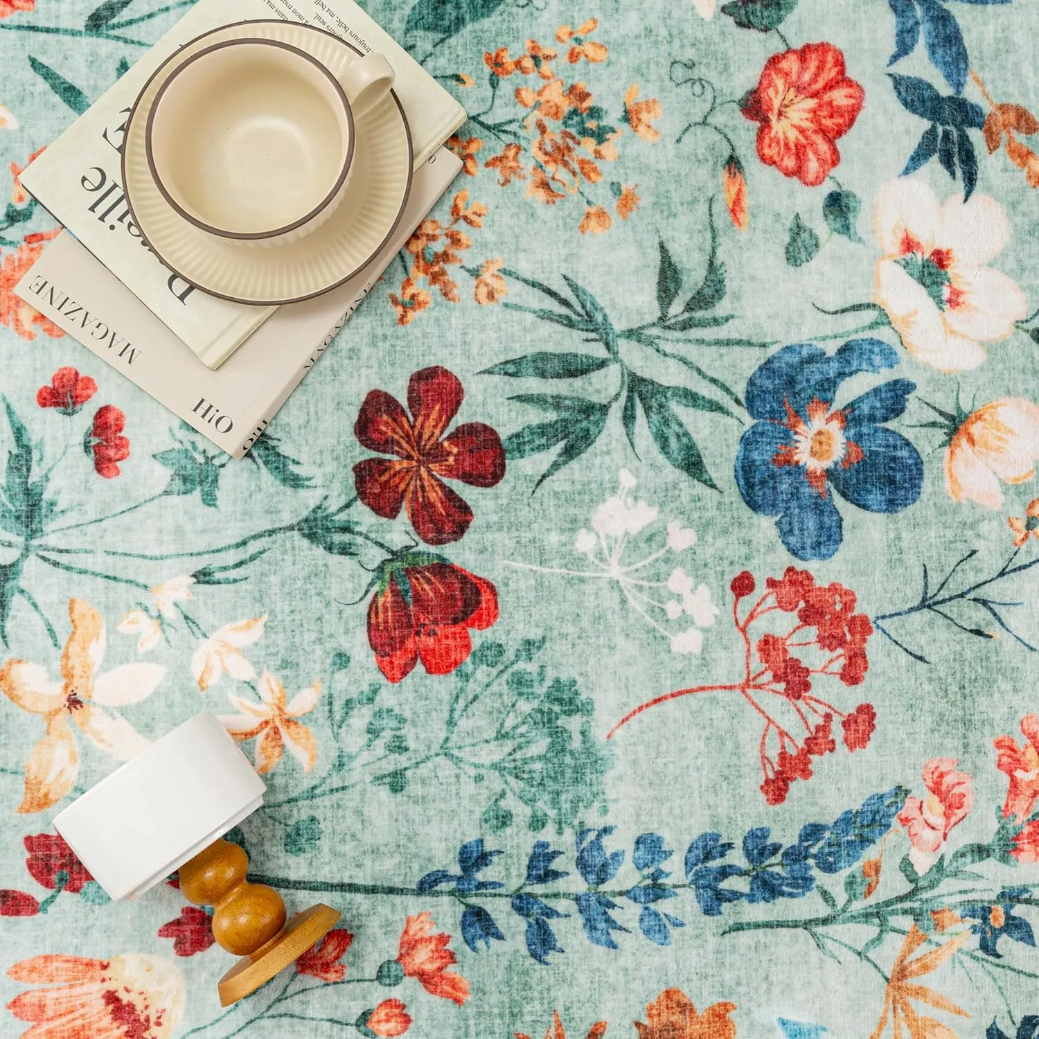 Green Area Rug 6x9 Floral Washable Living Room Kitchen Boho Carpet Non Slip Low Pile Indoor Accent Lightweight Soft Throw Rug for Bedroom Office Dining Room Nursery Farmhouse