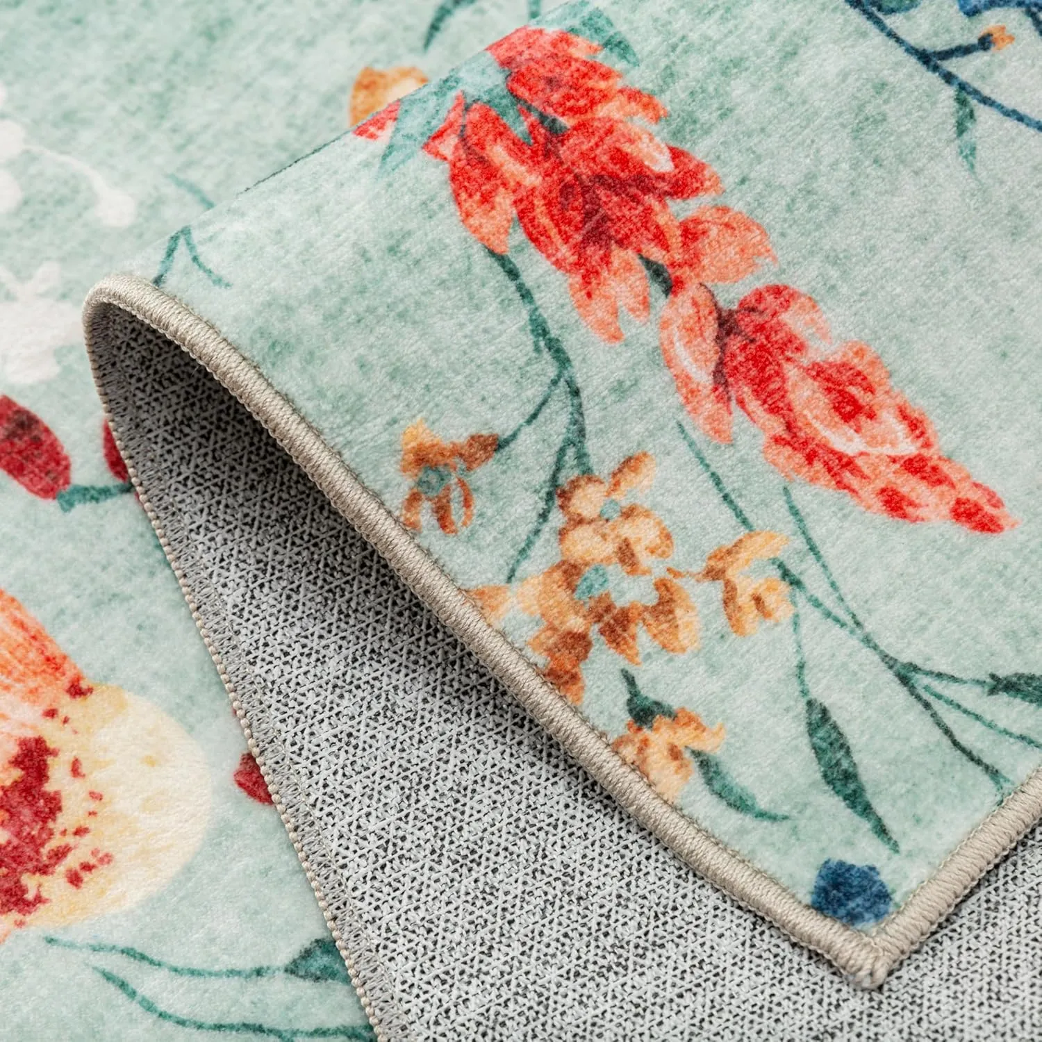 Green Area Rug 6x9 Floral Washable Living Room Kitchen Boho Carpet Non Slip Low Pile Indoor Accent Lightweight Soft Throw Rug for Bedroom Office Dining Room Nursery Farmhouse