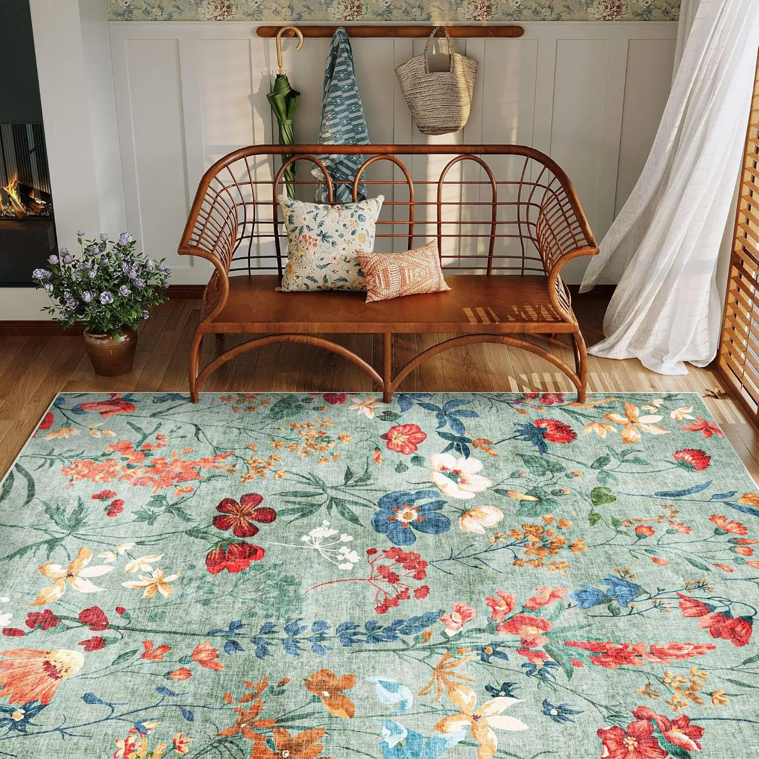 Green Area Rug 6x9 Floral Washable Living Room Kitchen Boho Carpet Non Slip Low Pile Indoor Accent Lightweight Soft Throw Rug for Bedroom Office Dining Room Nursery Farmhouse