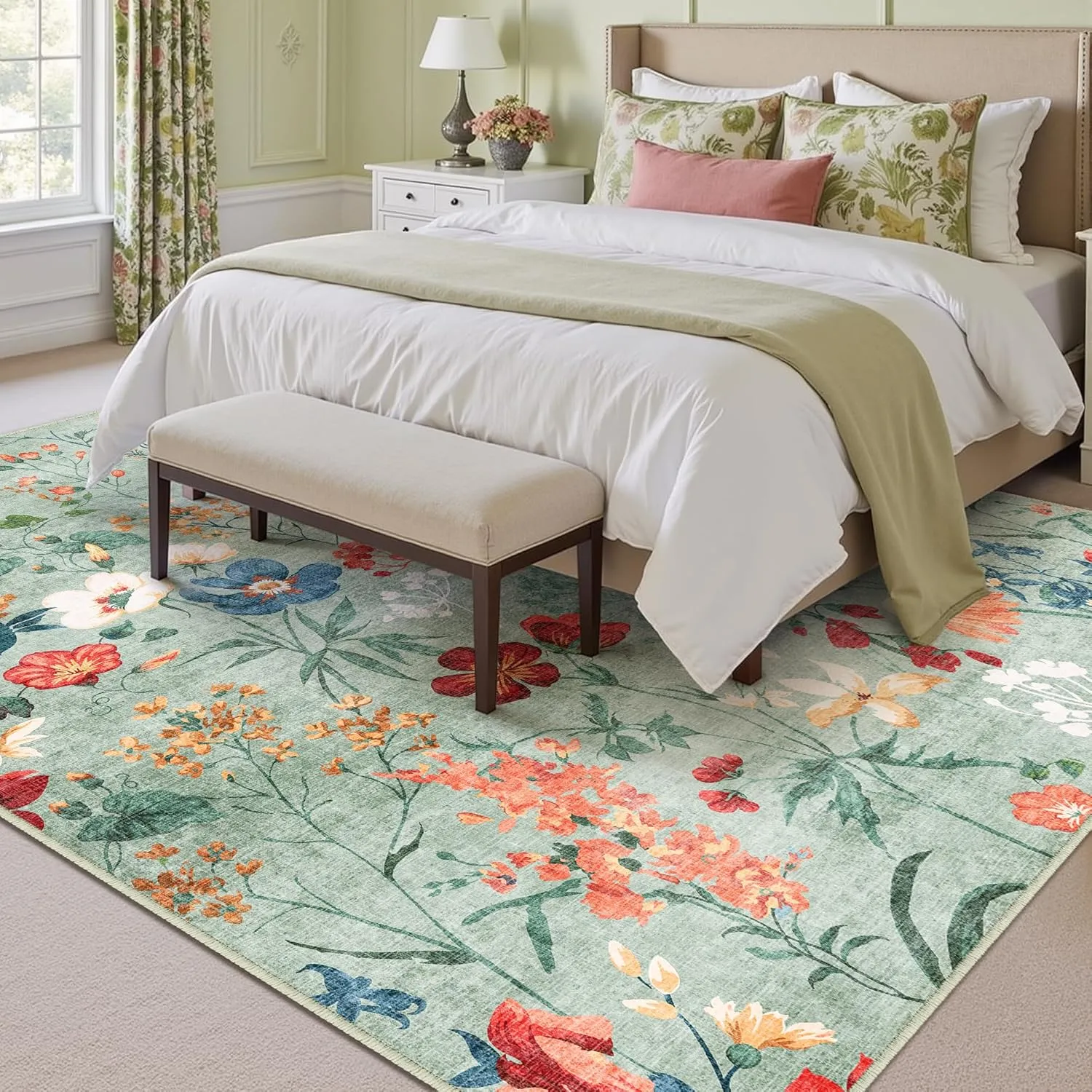 Green Area Rug 6x9 Floral Washable Living Room Kitchen Boho Carpet Non Slip Low Pile Indoor Accent Lightweight Soft Throw Rug for Bedroom Office Dining Room Nursery Farmhouse